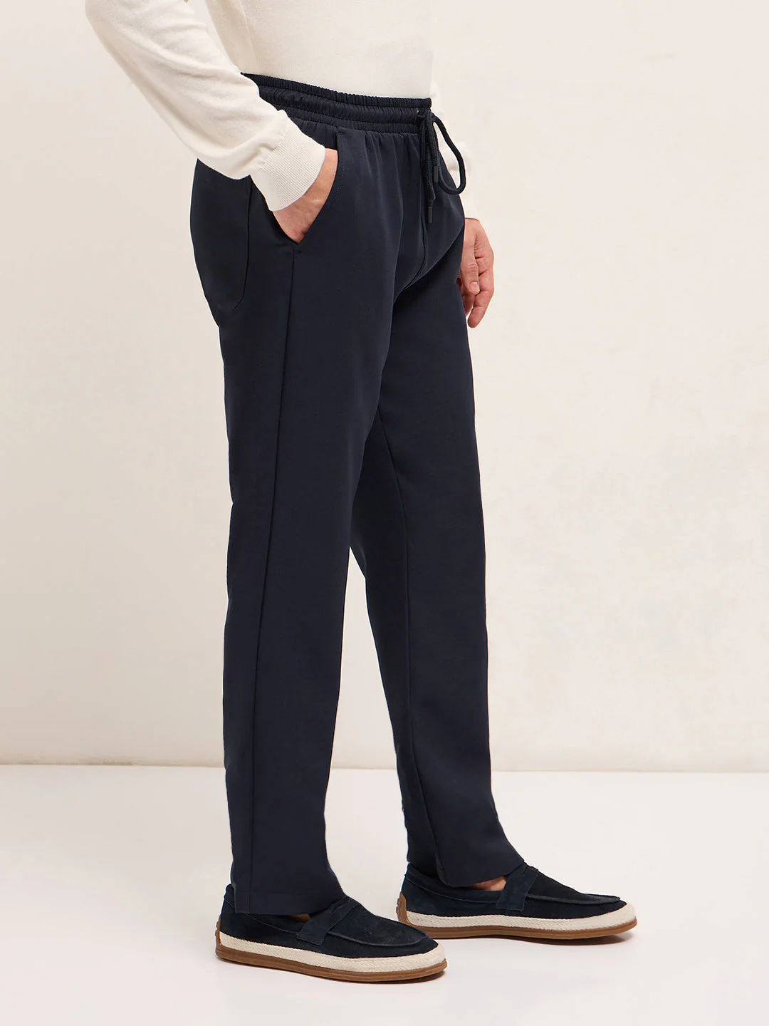 Men Navy Classic Korean-Inspired Elastic Waist Casual Trouser - Image 3