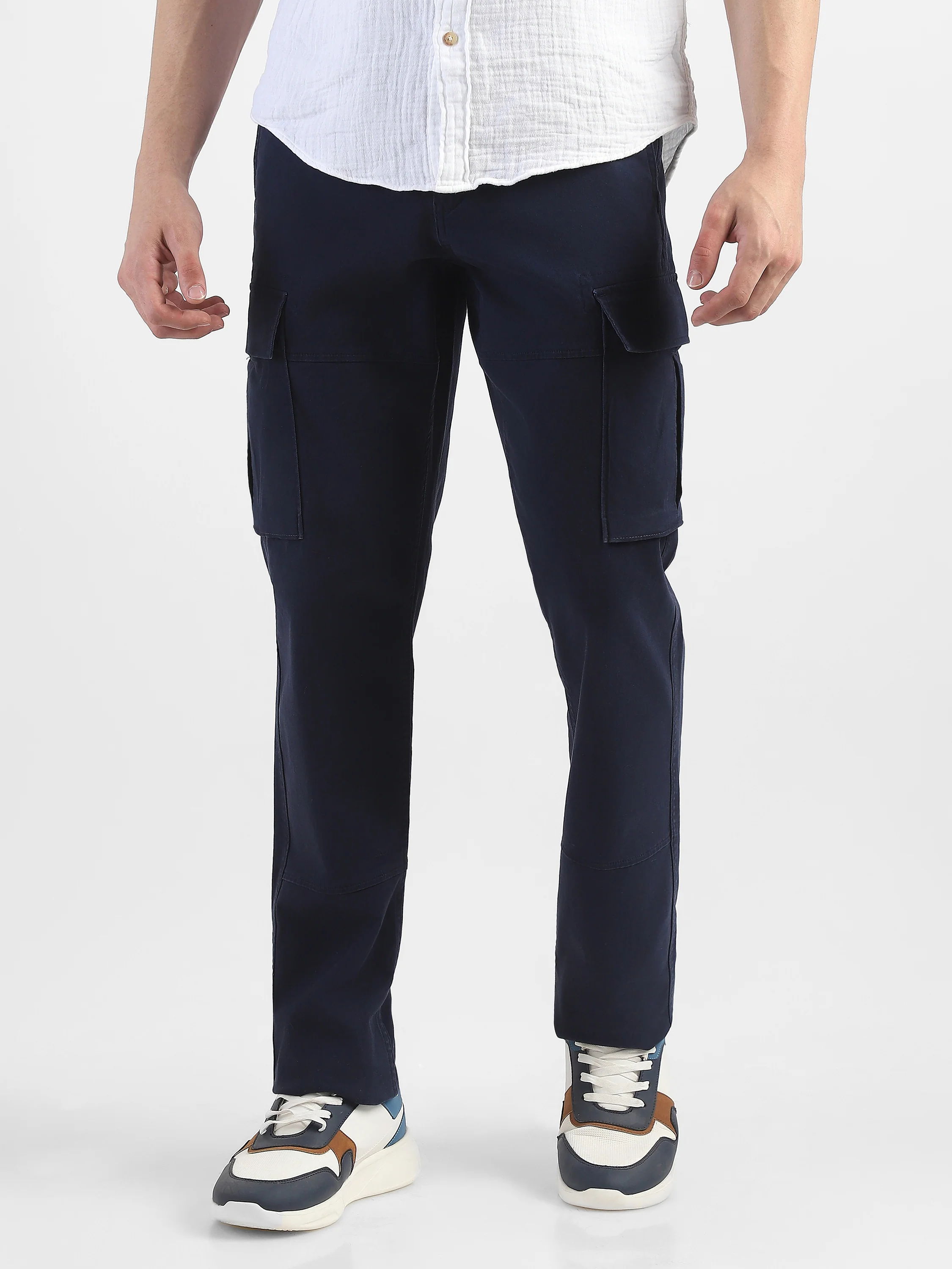 Men Navy Cotton Mid Rise Cargo Pants - Image 2