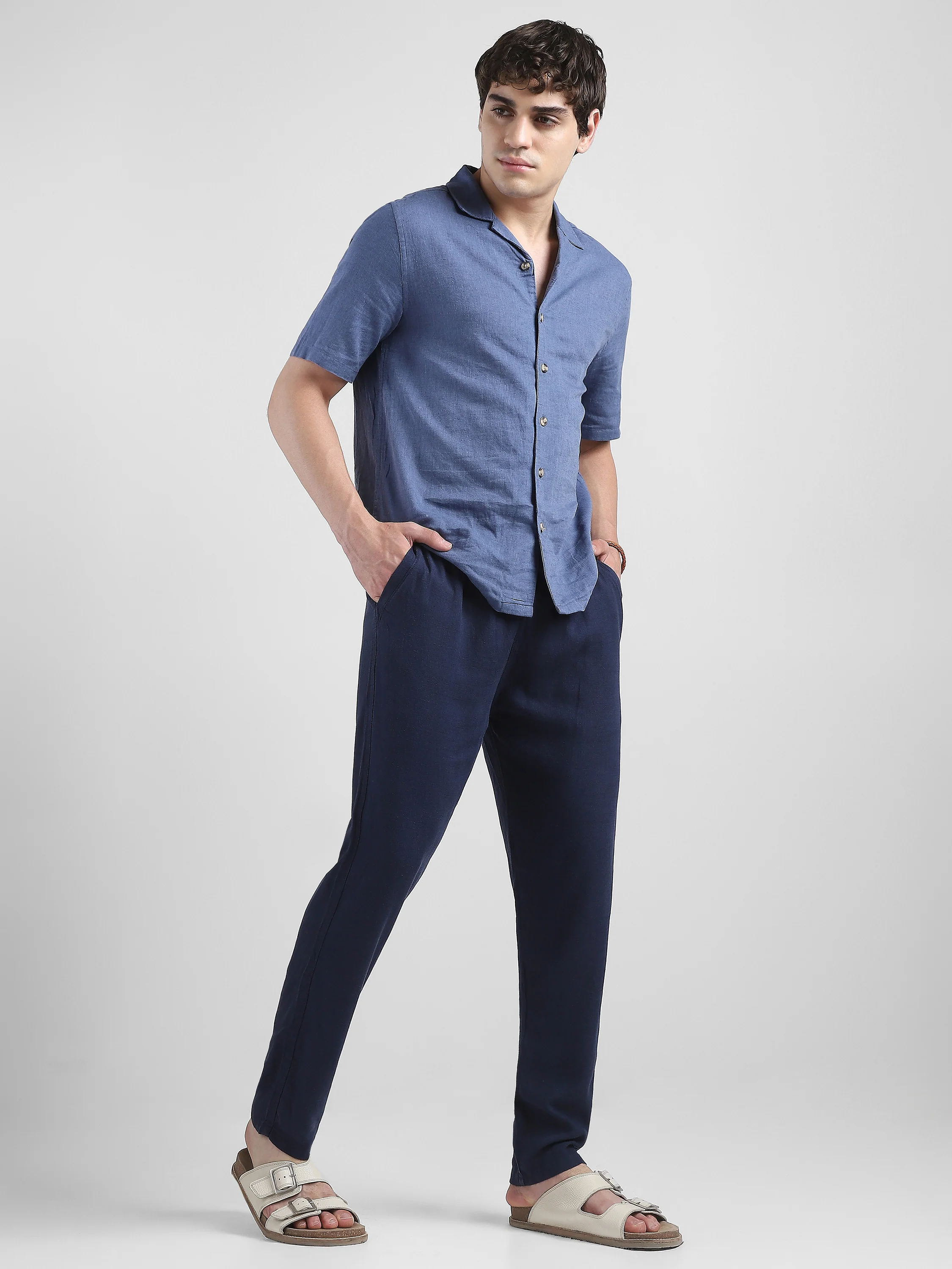 Men Navy Cotton Blend Comfort Fit Pants - Image 2
