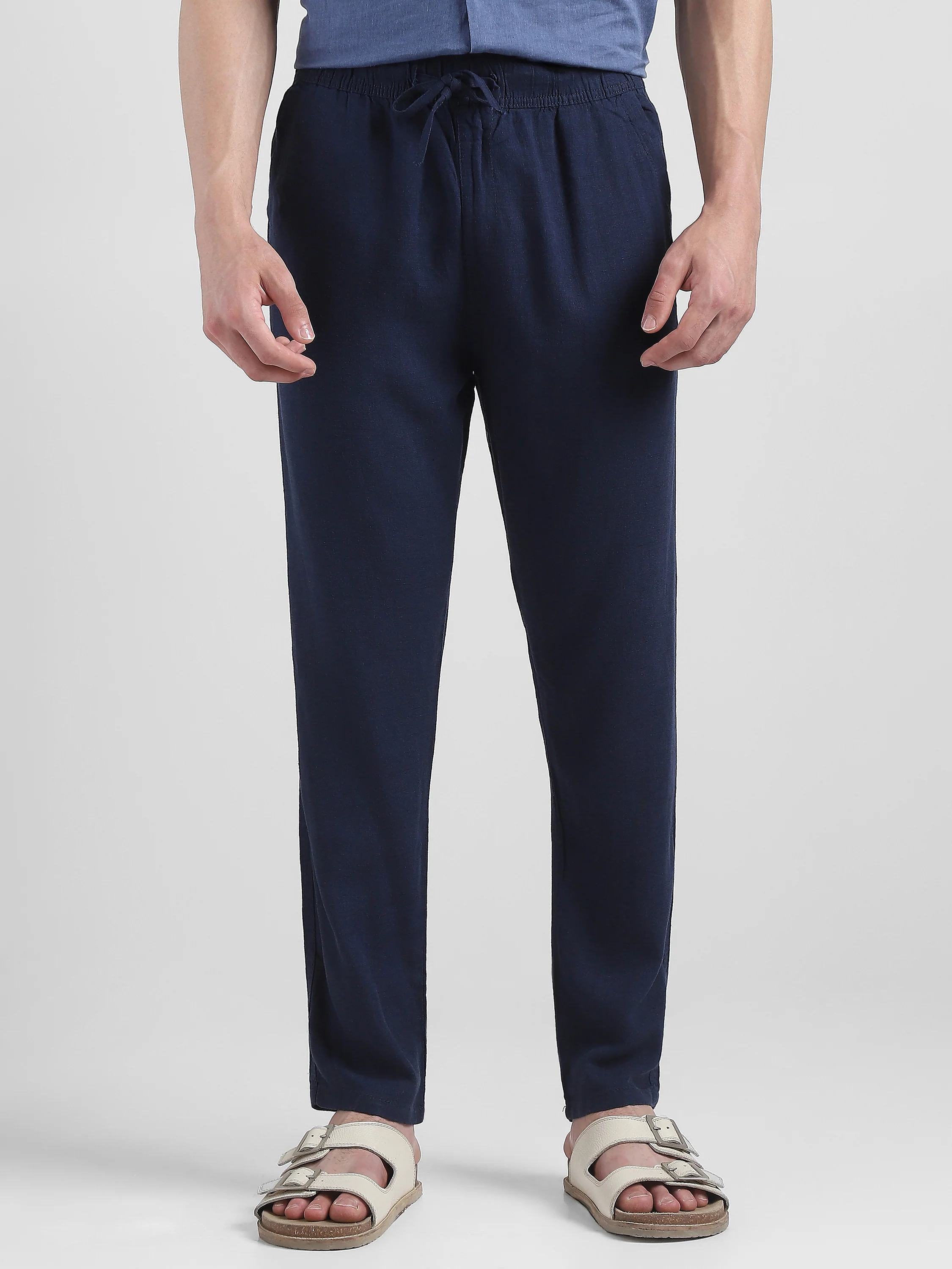 Men Navy Cotton Blend Comfort Fit Pants - Image 3