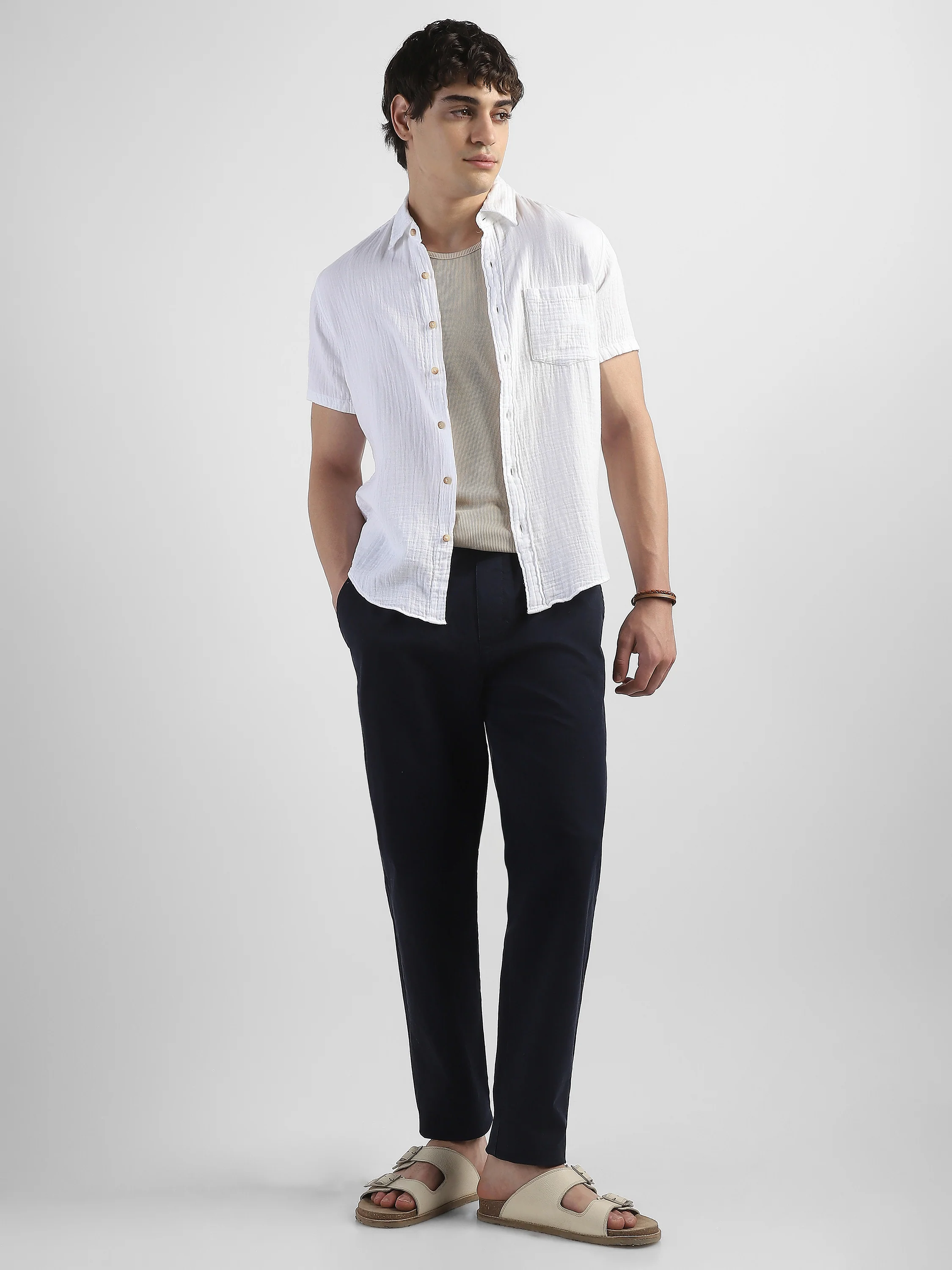 Men Navy Cotton Blend Pants - Image 2