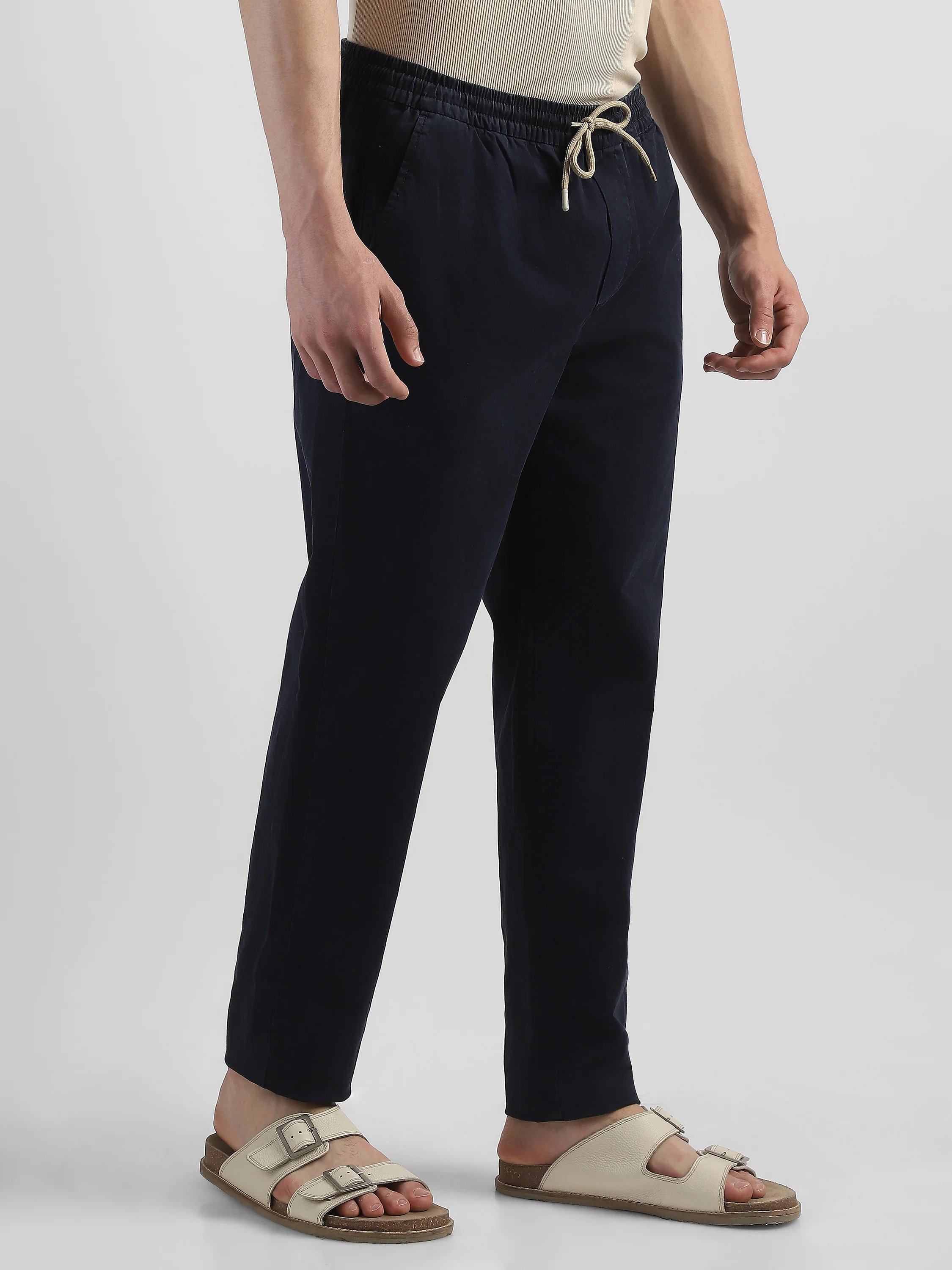 Men Navy Cotton Blend Pants - Image 3