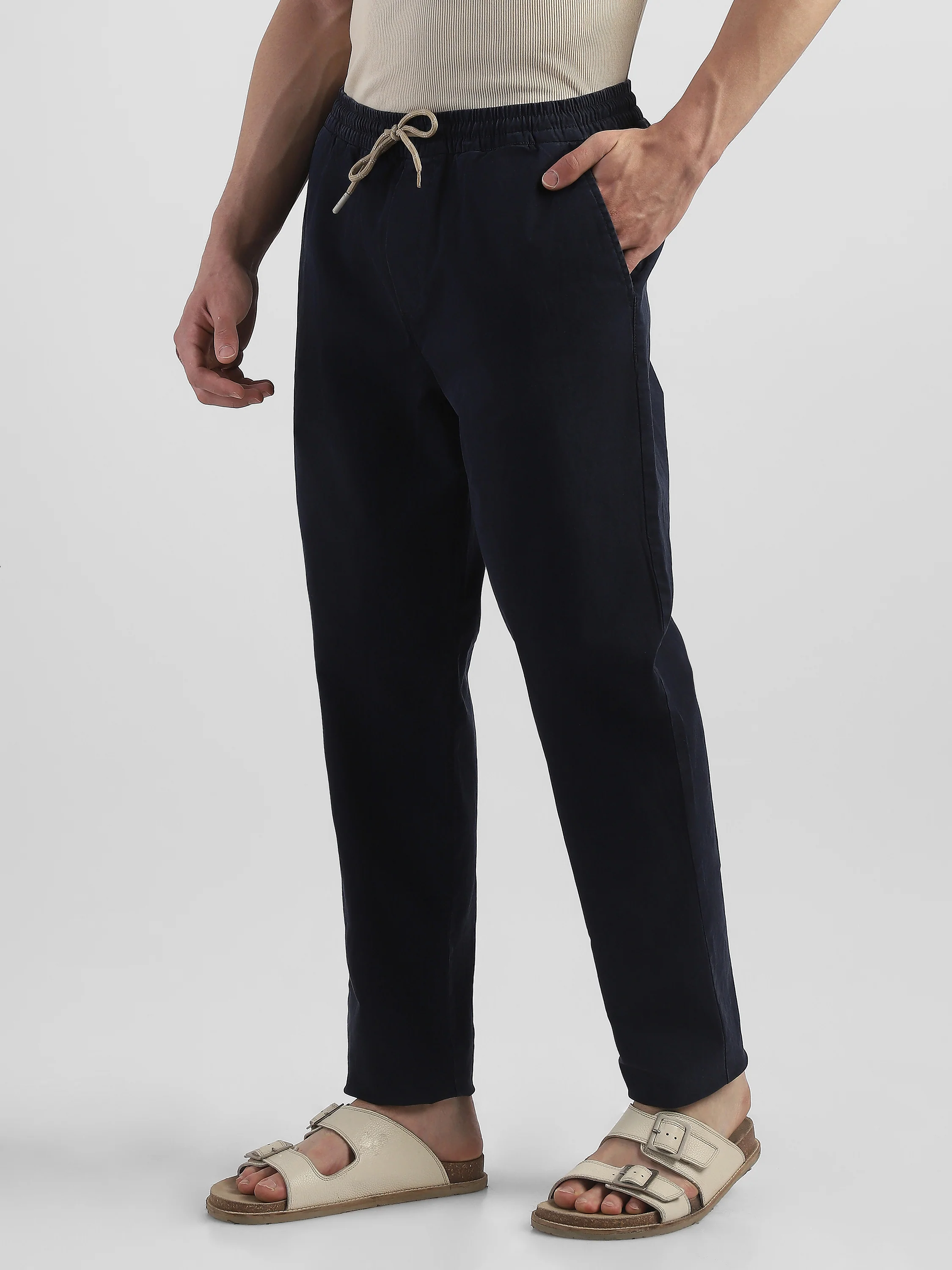 Men Navy Cotton Blend Pants - Image 5
