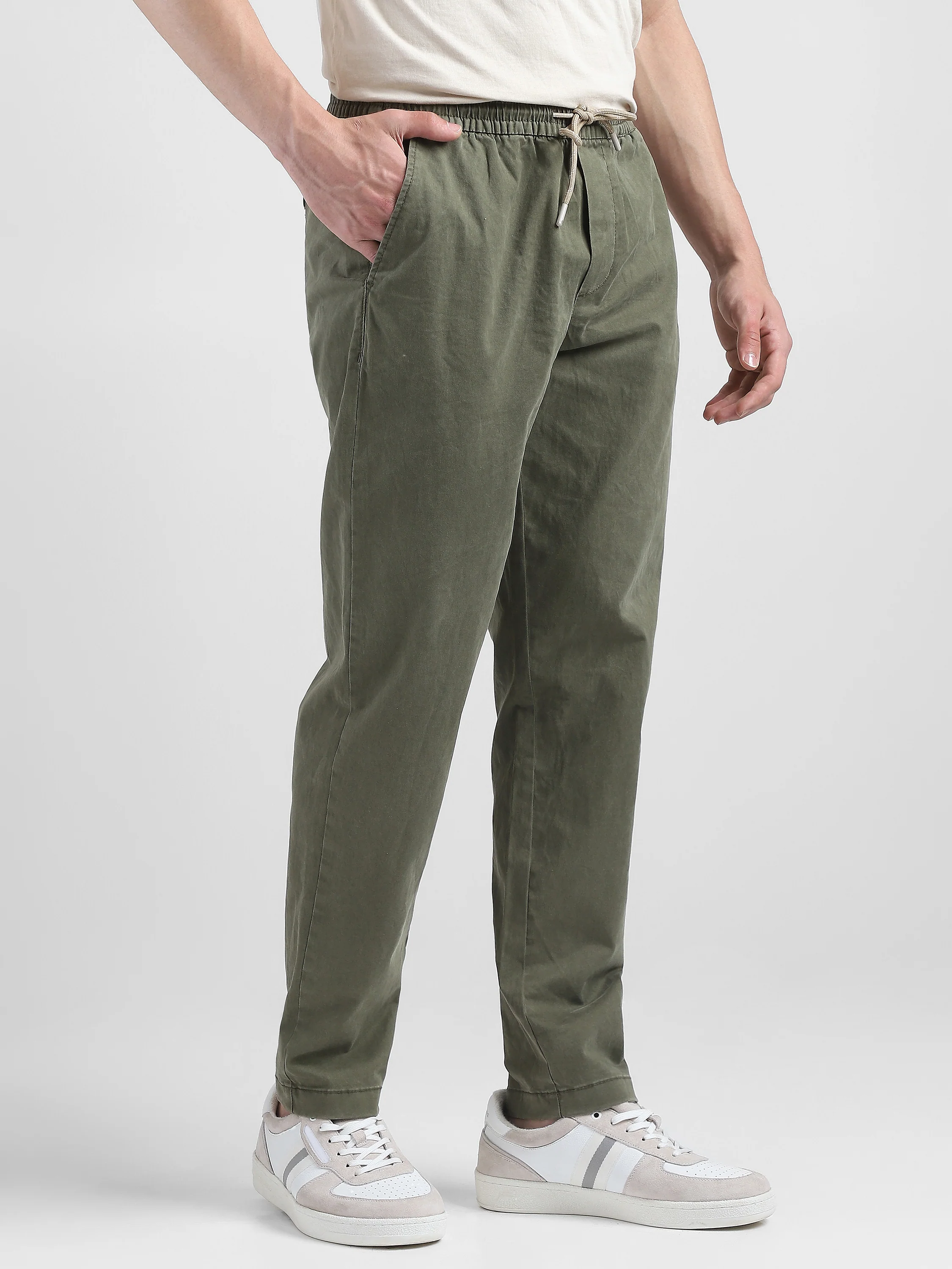 Men Olive Cotton Blend Pants - Image 2