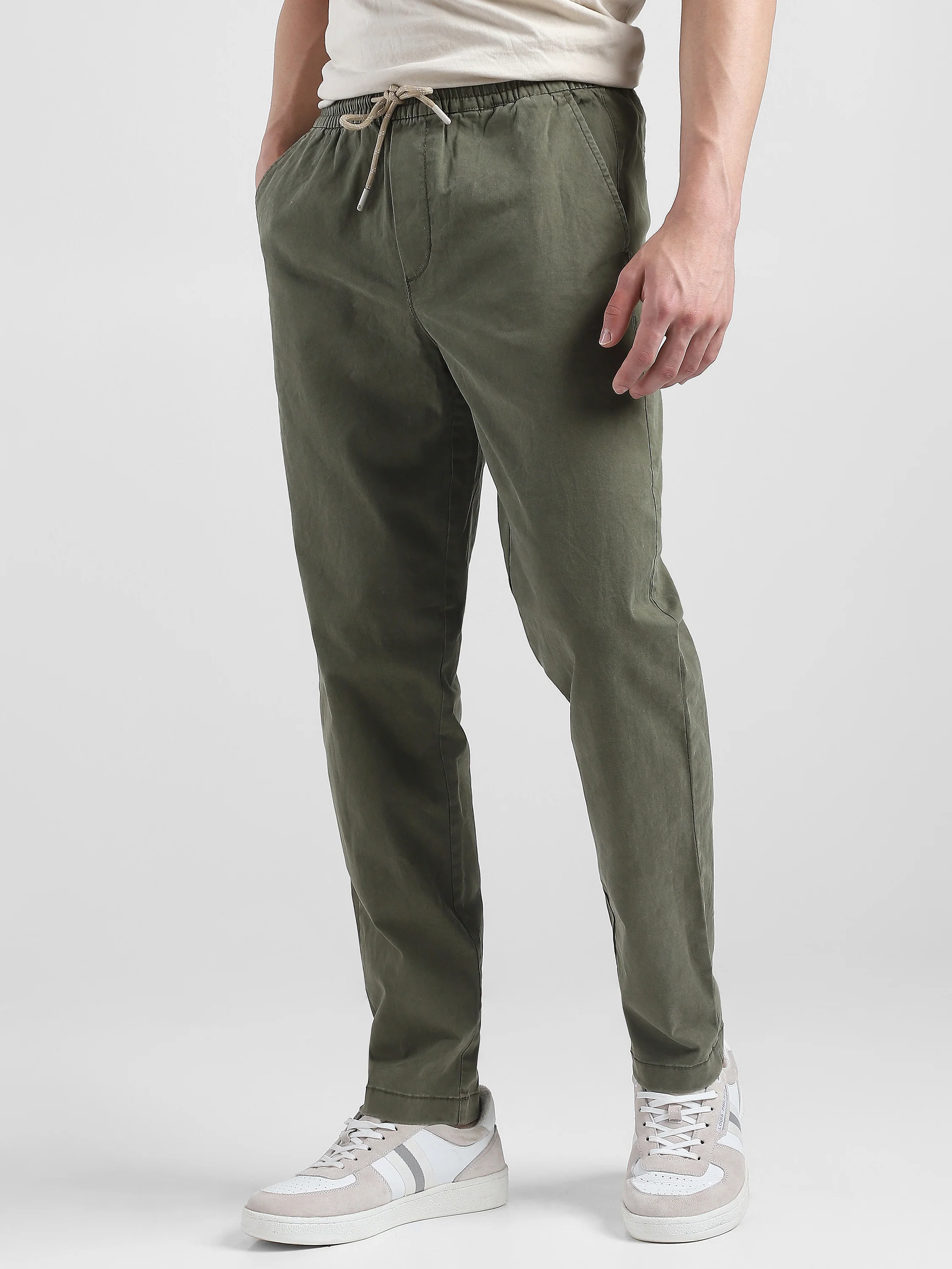 Men Olive Cotton Blend Pants - Image 3