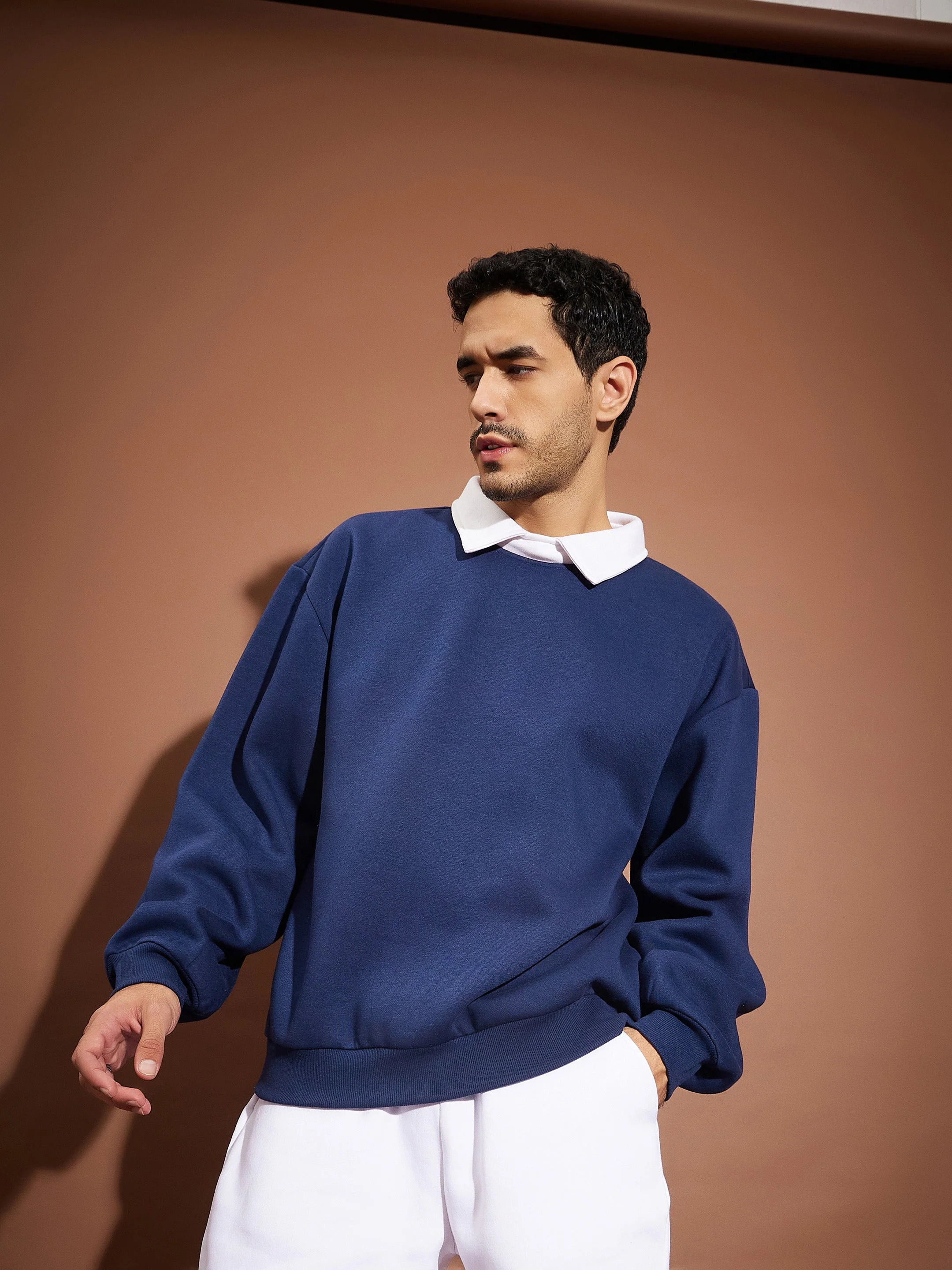 Men Navy Contrast Collar Oversized Sweatshirt - Image 3