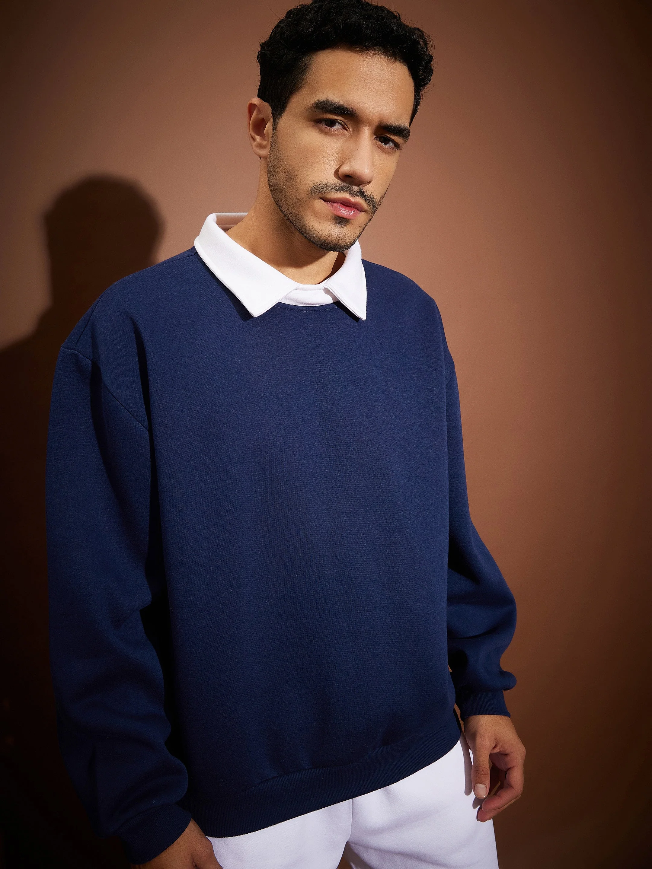 Men Navy Contrast Collar Oversized Sweatshirt - Image 4