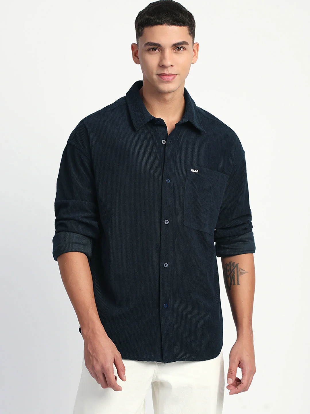 Men Navy Corduroy Relax Fit Casual Shirt - Image 2