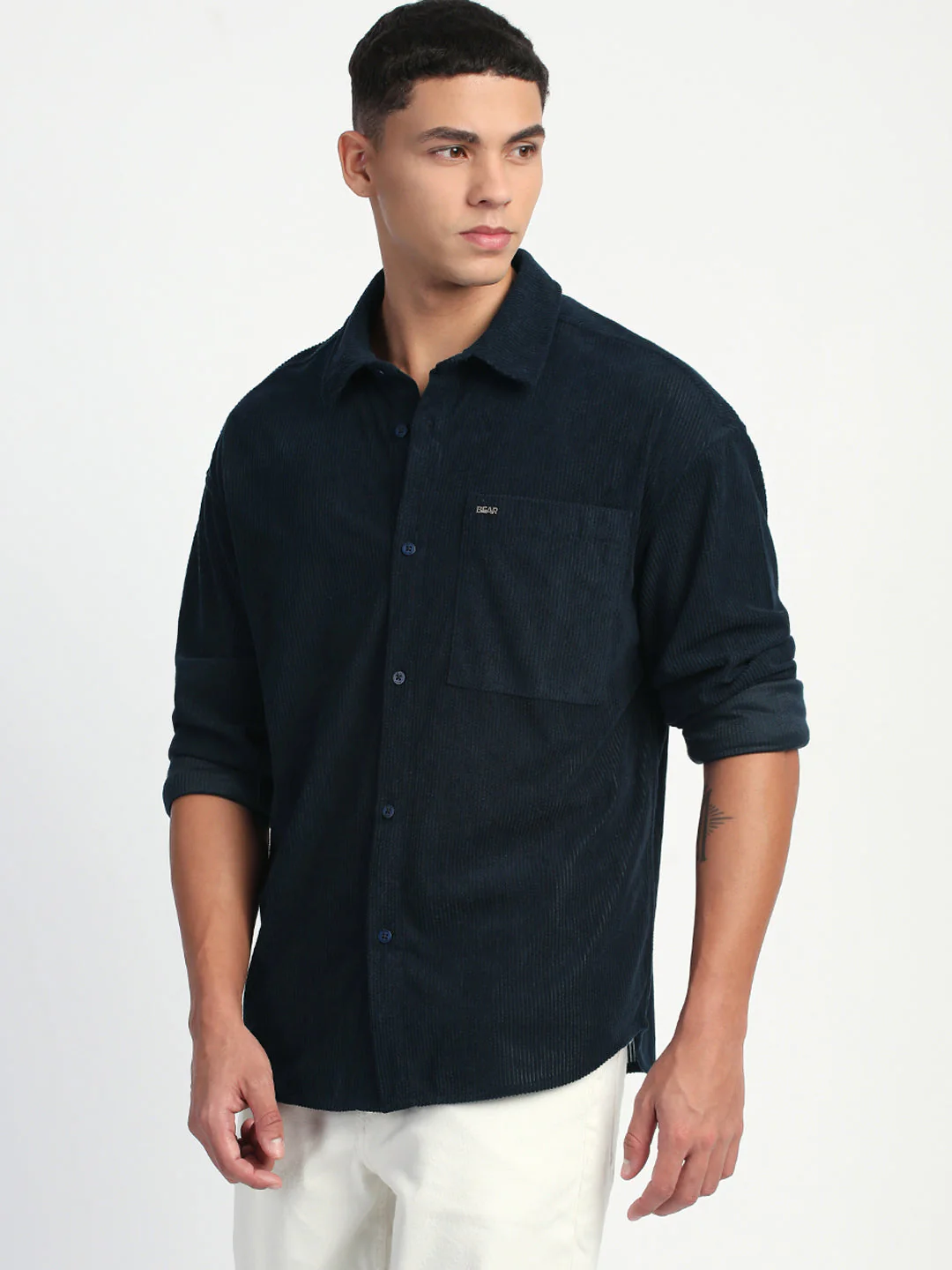 Men Navy Corduroy Relax Fit Casual Shirt - Image 3