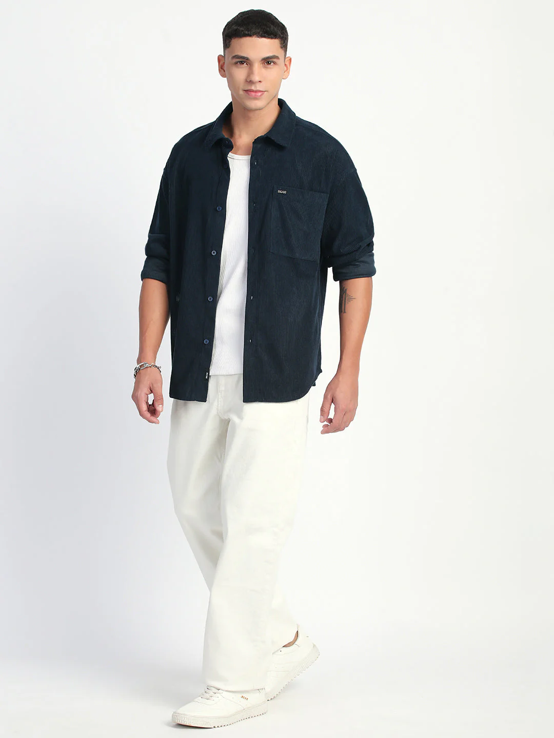Men Navy Corduroy Relax Fit Casual Shirt - Image 5