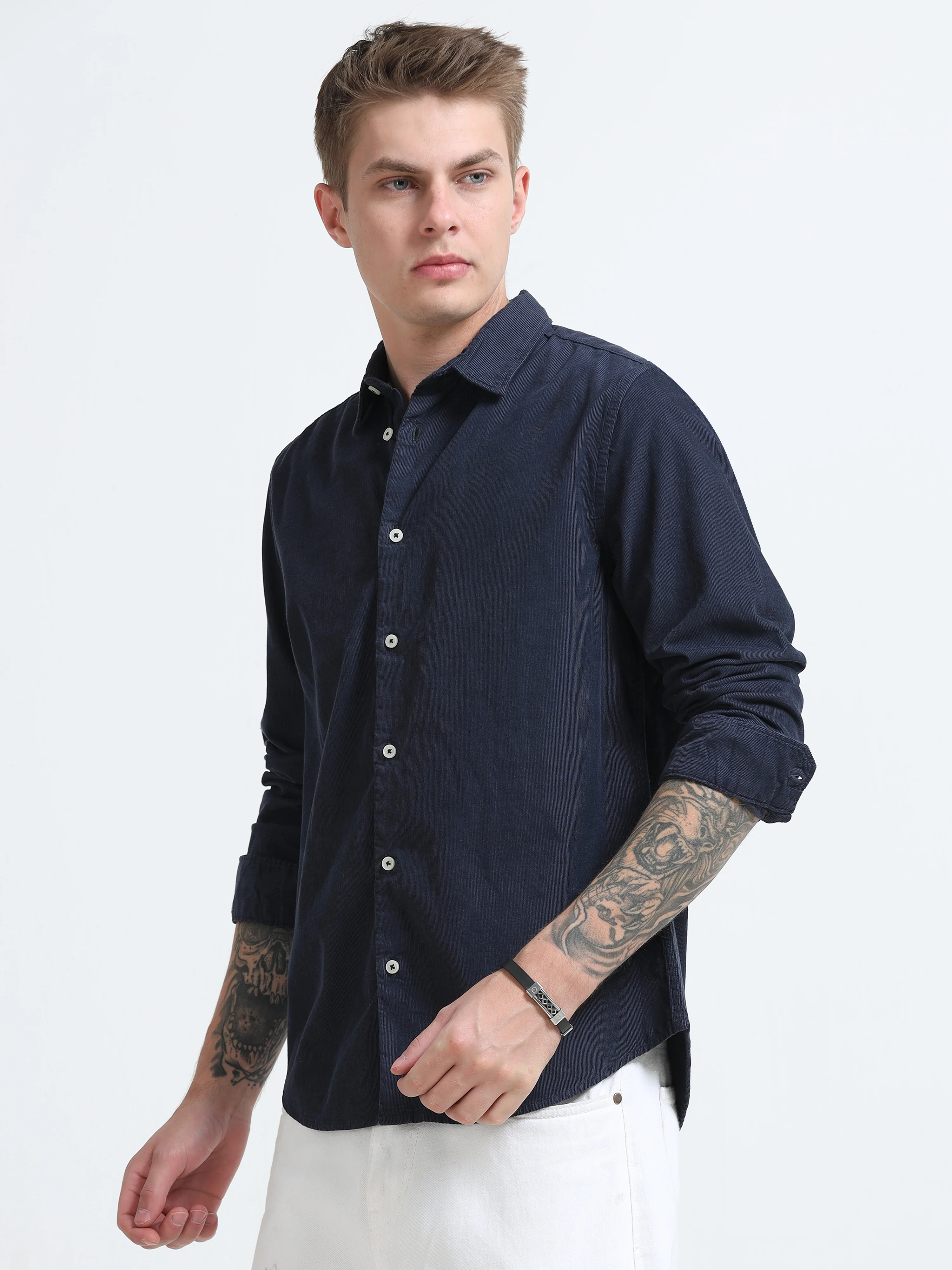 Men Navy Corduroy Shirt - Image 5