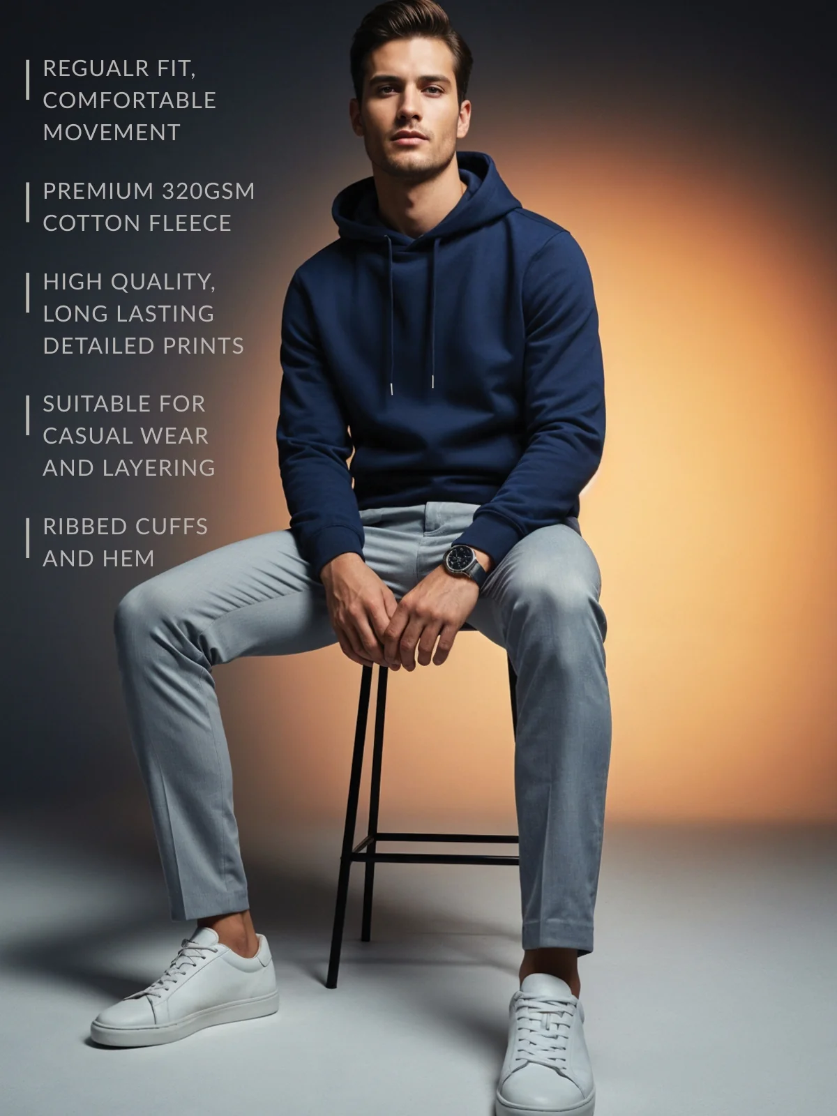 Men Navy Cotton Fleece Hoodie - Image 3