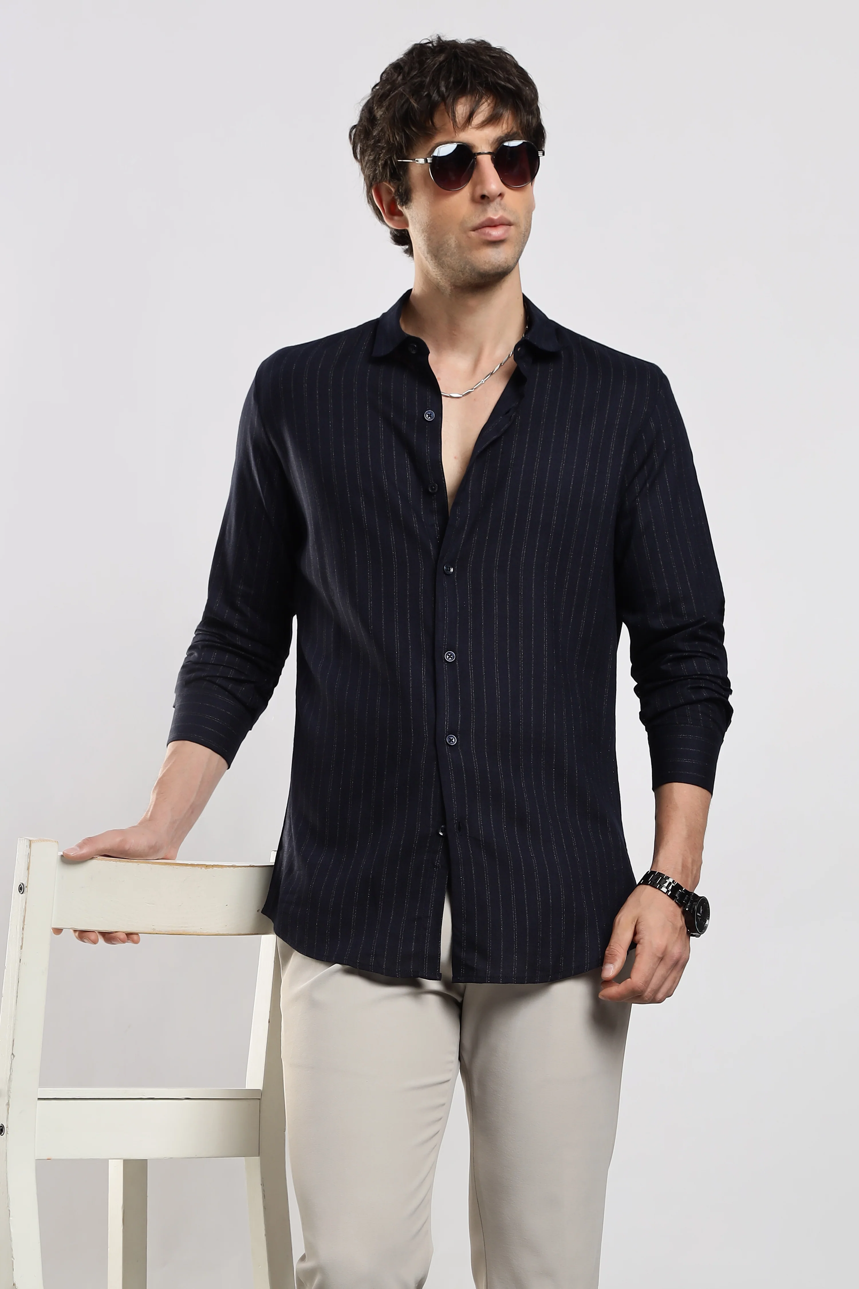 Men Navy Cotton Slim Fit Striped Glitter Shirt - Image 10