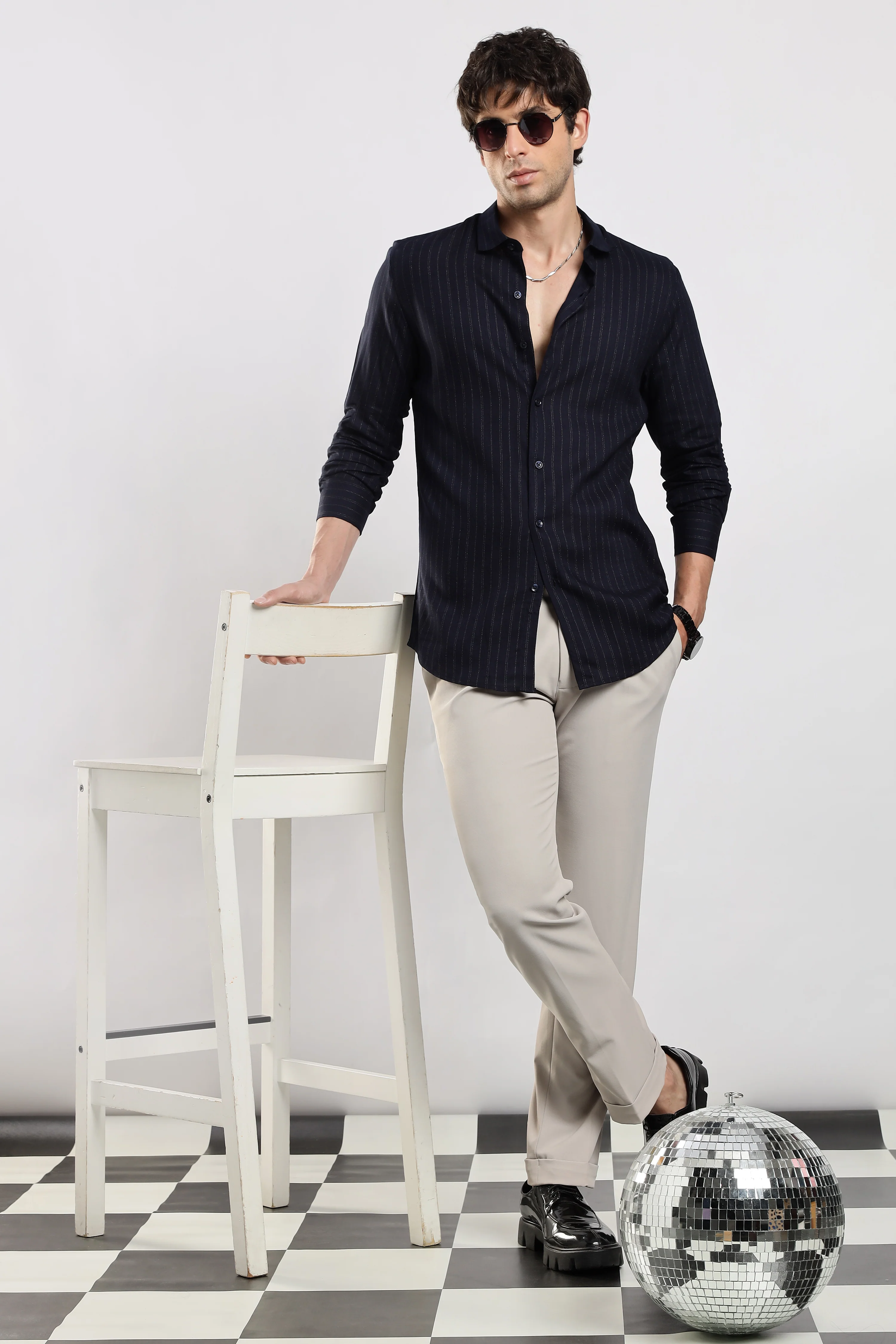 Men Navy Cotton Slim Fit Striped Glitter Shirt - Image 11