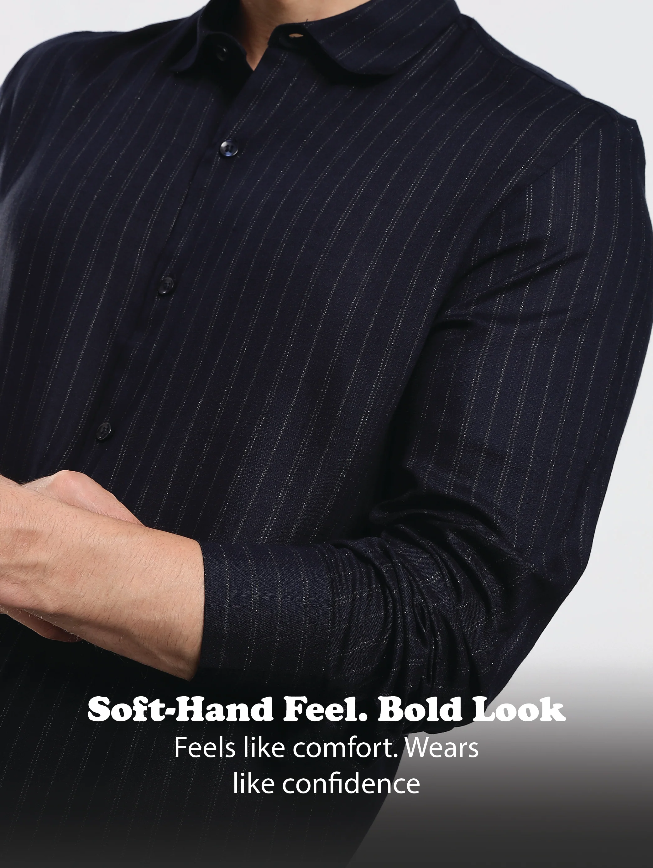 Men Navy Cotton Slim Fit Striped Glitter Shirt - Image 13