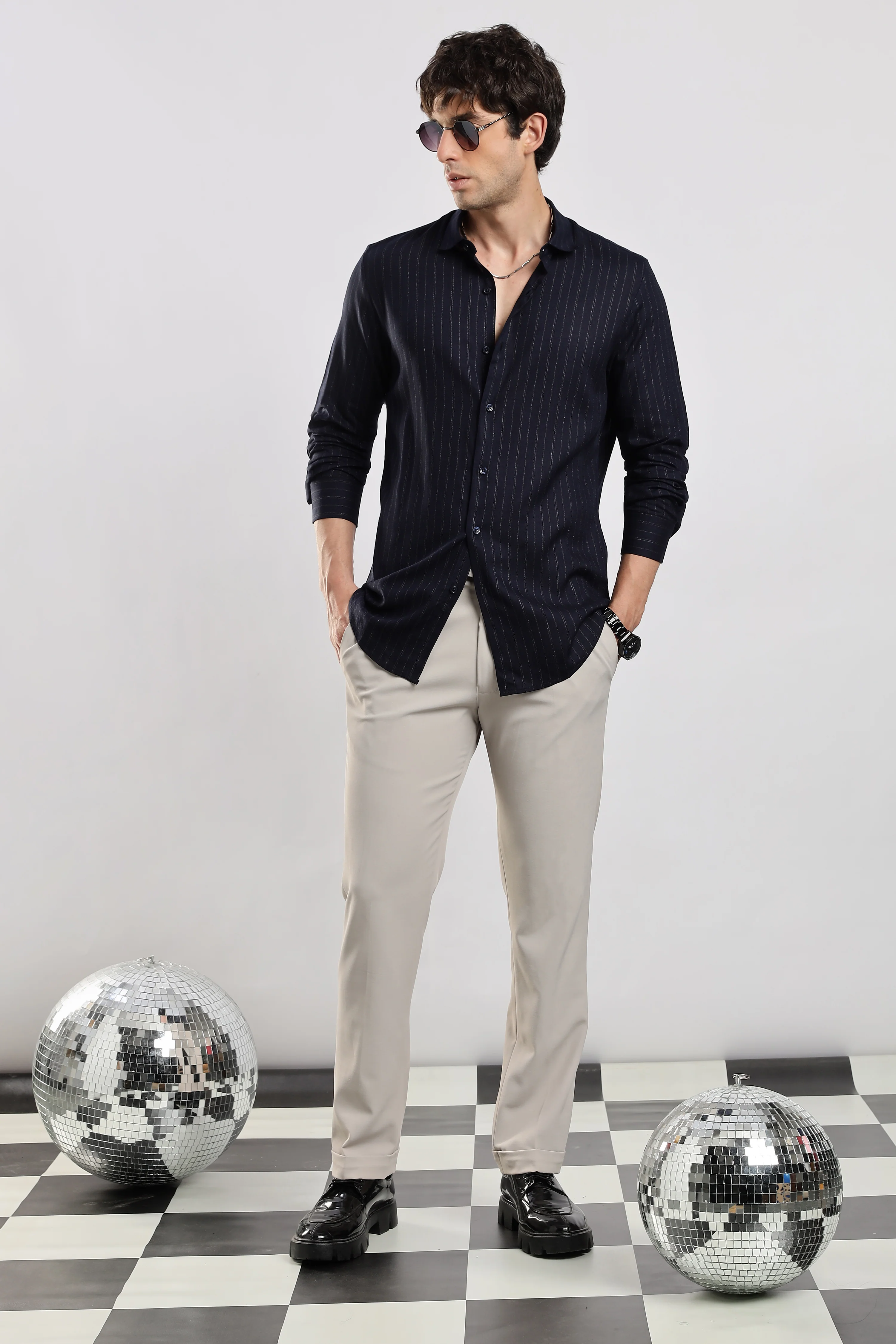 Men Navy Cotton Slim Fit Striped Glitter Shirt - Image 2