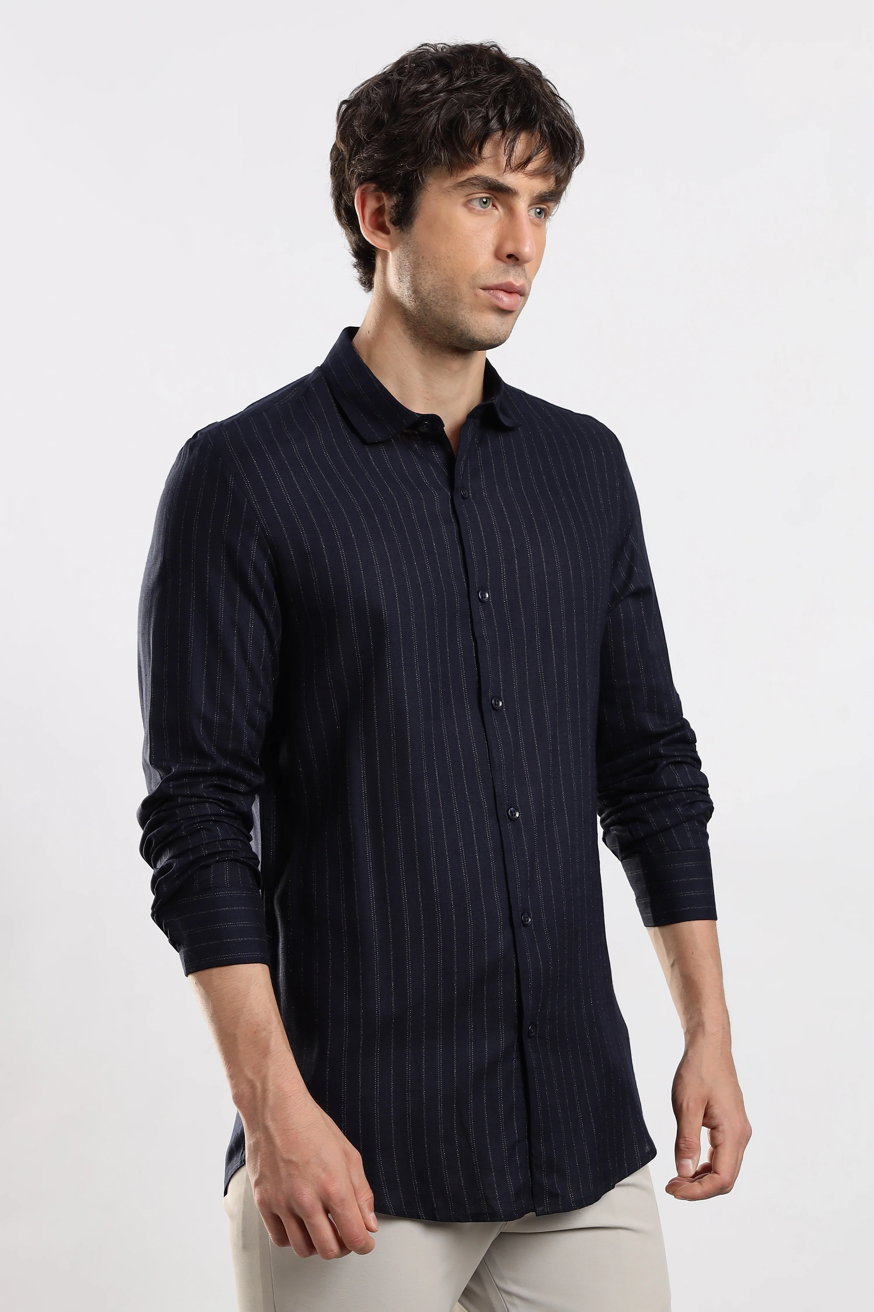 Men Navy Cotton Slim Fit Striped Glitter Shirt - Image 3