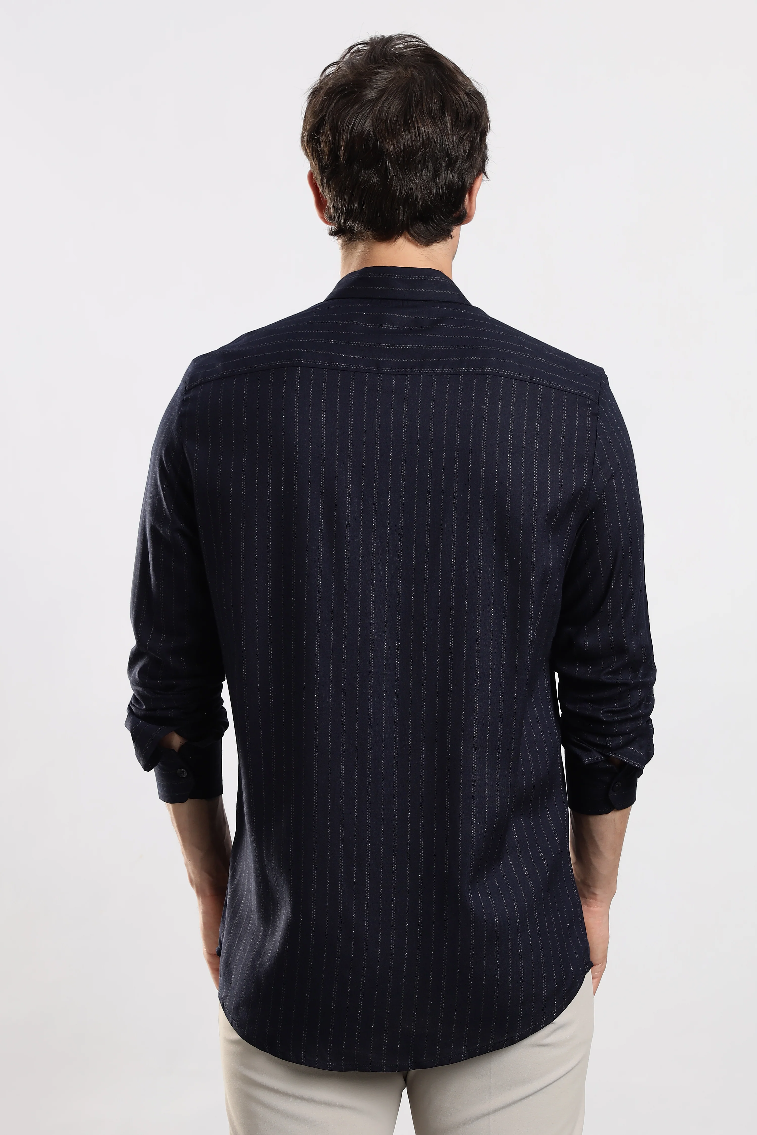 Men Navy Cotton Slim Fit Striped Glitter Shirt - Image 4