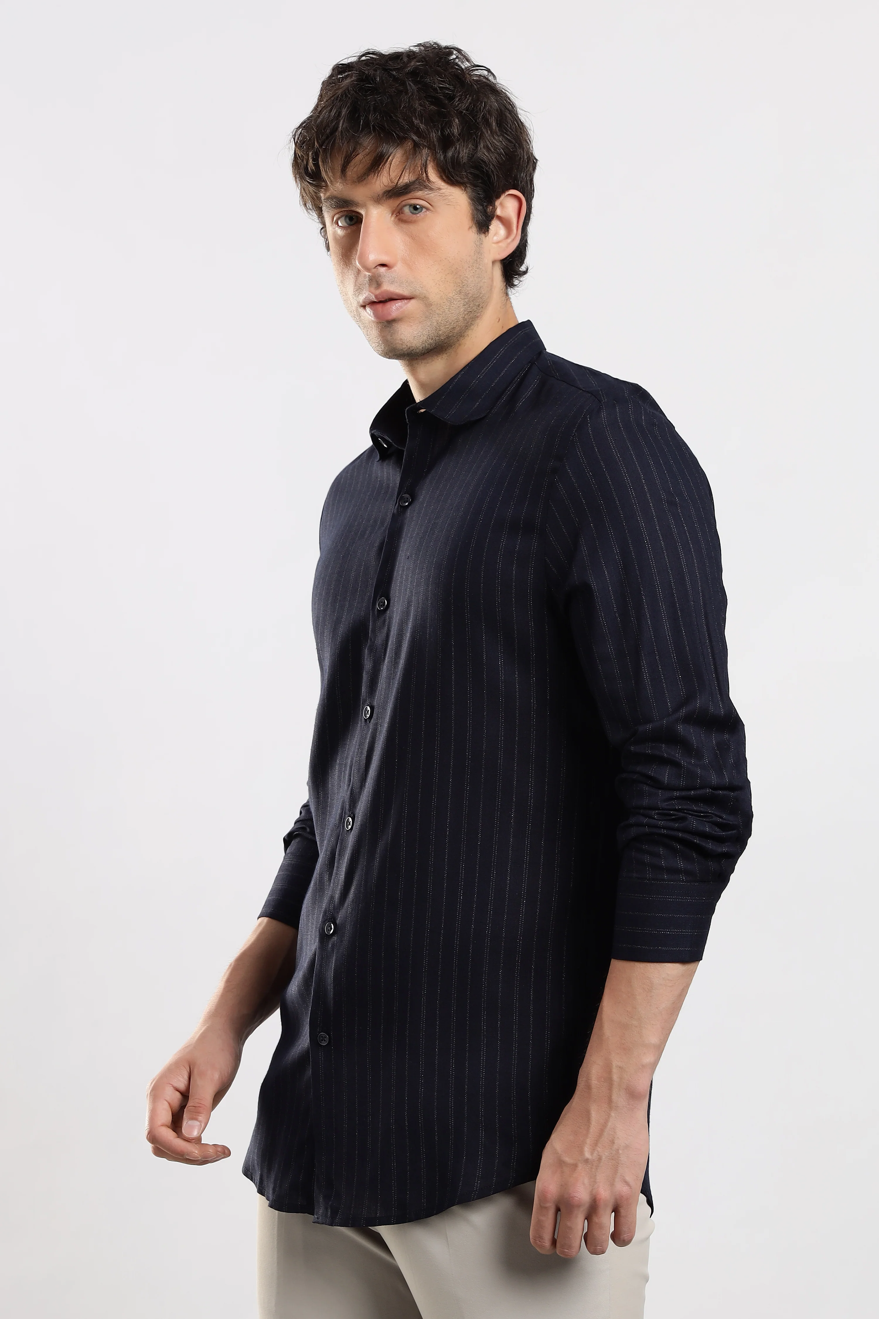 Men Navy Cotton Slim Fit Striped Glitter Shirt - Image 5