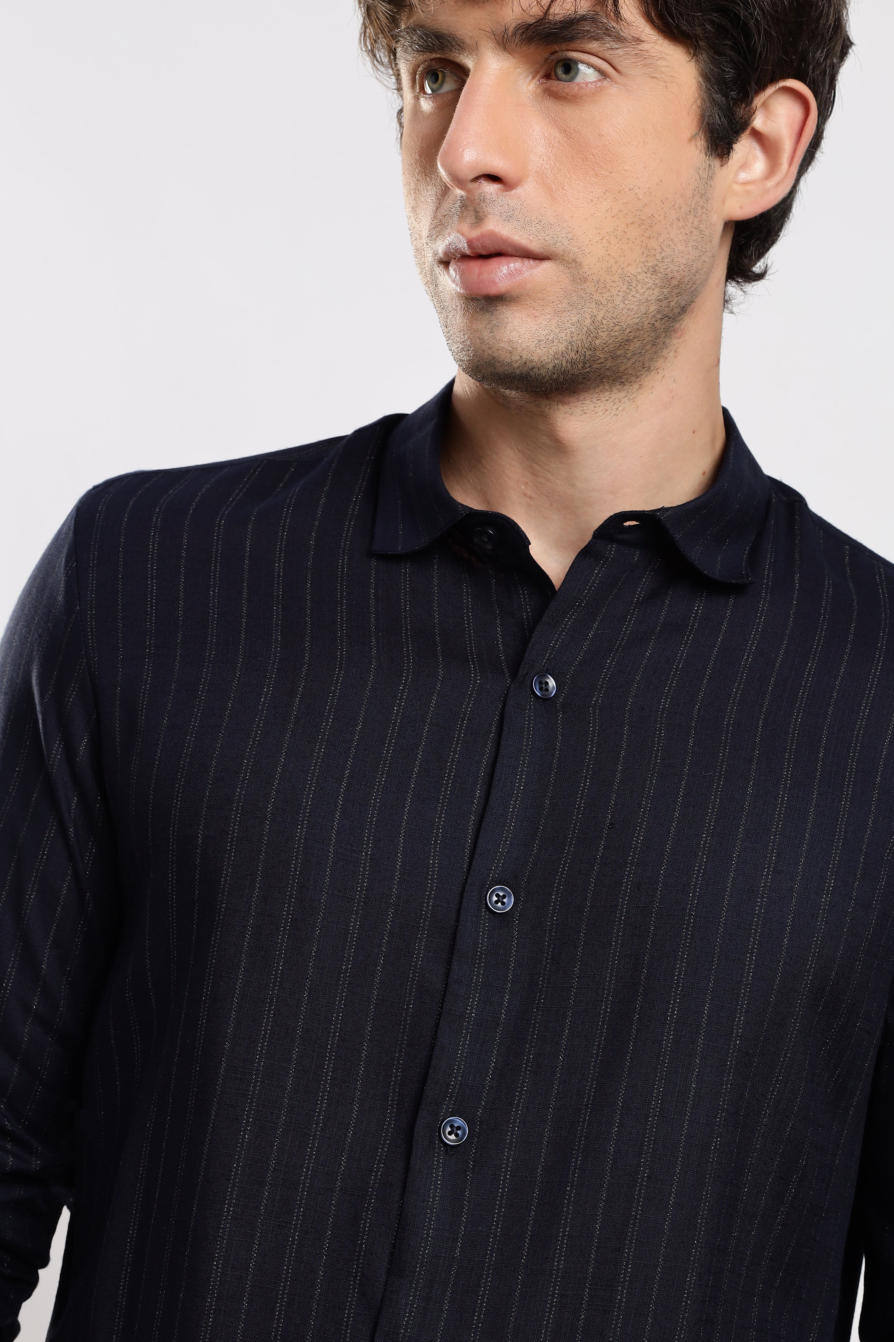 Men Navy Cotton Slim Fit Striped Glitter Shirt - Image 6