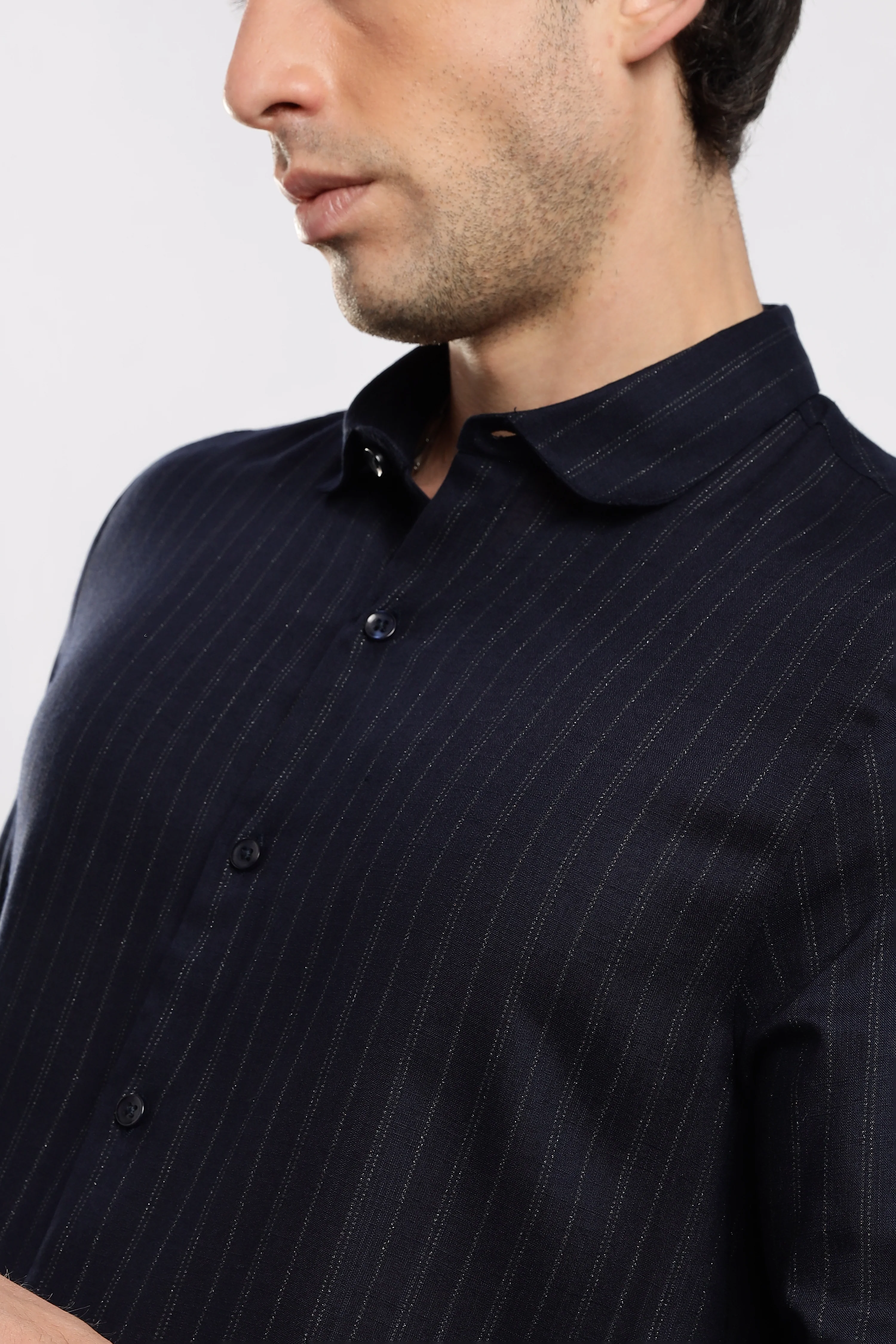 Men Navy Cotton Slim Fit Striped Glitter Shirt - Image 8