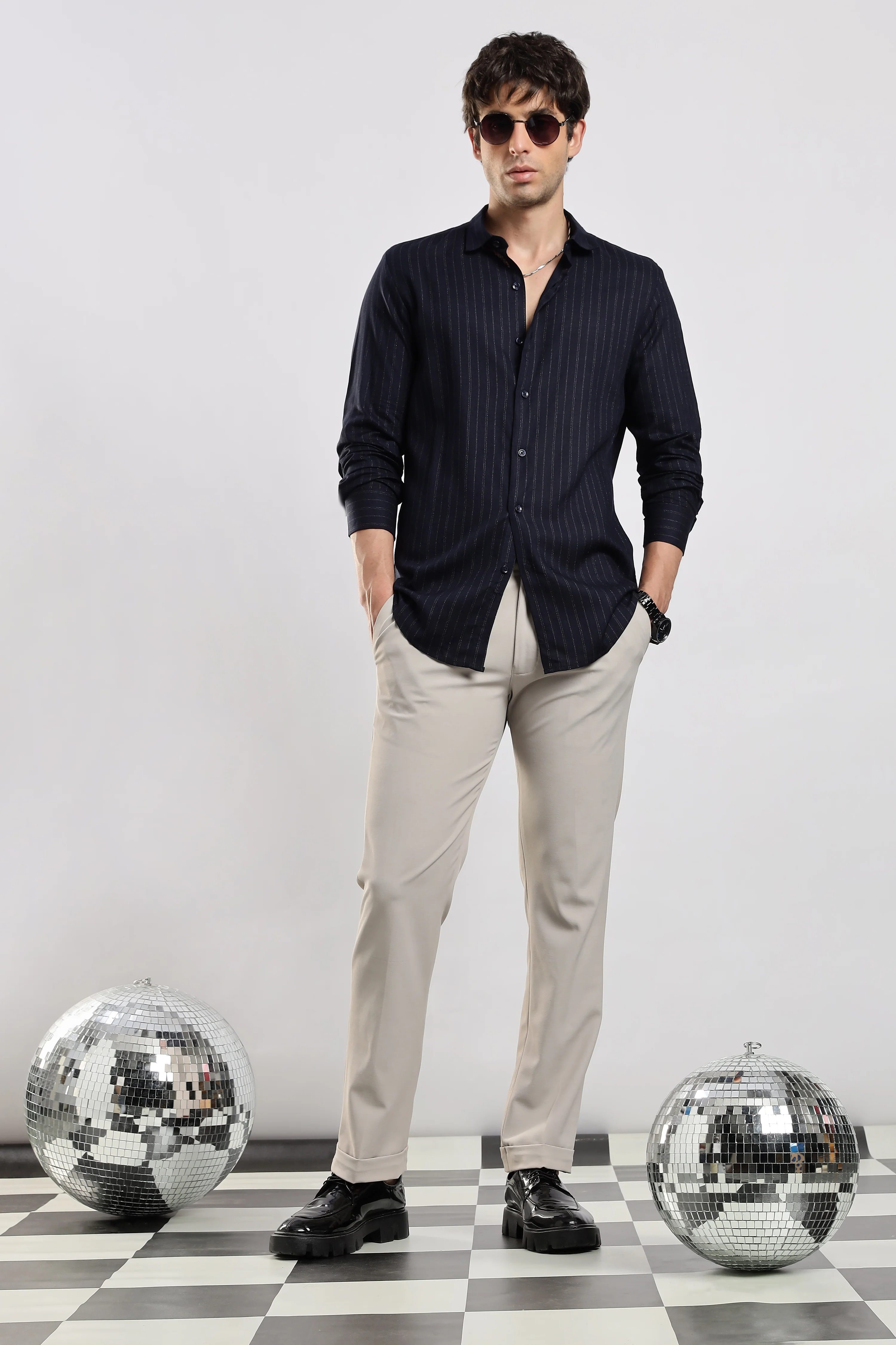 Men Navy Cotton Slim Fit Striped Glitter Shirt - Image 9