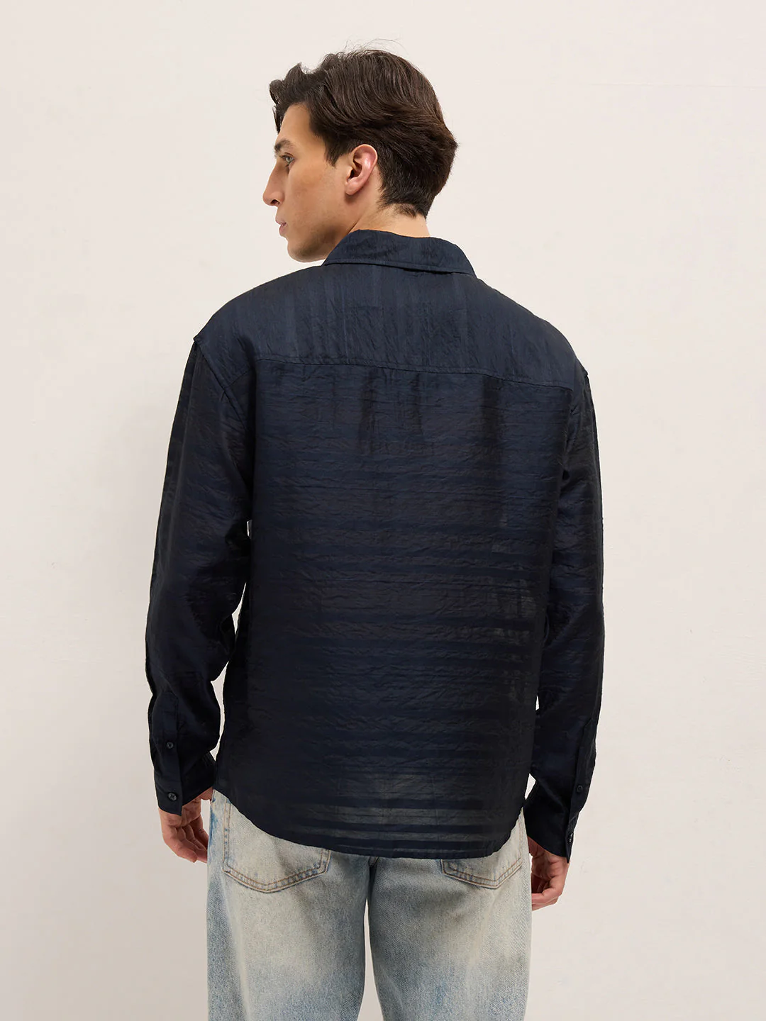 Men Navy Crinkled Horizontal Textured Stripe Relaxed Fit Casual Shirt - Image 2