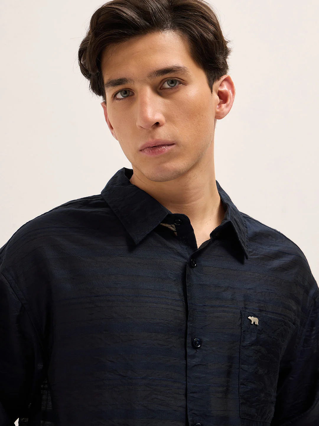 Men Navy Crinkled Horizontal Textured Stripe Relaxed Fit Casual Shirt - Image 5
