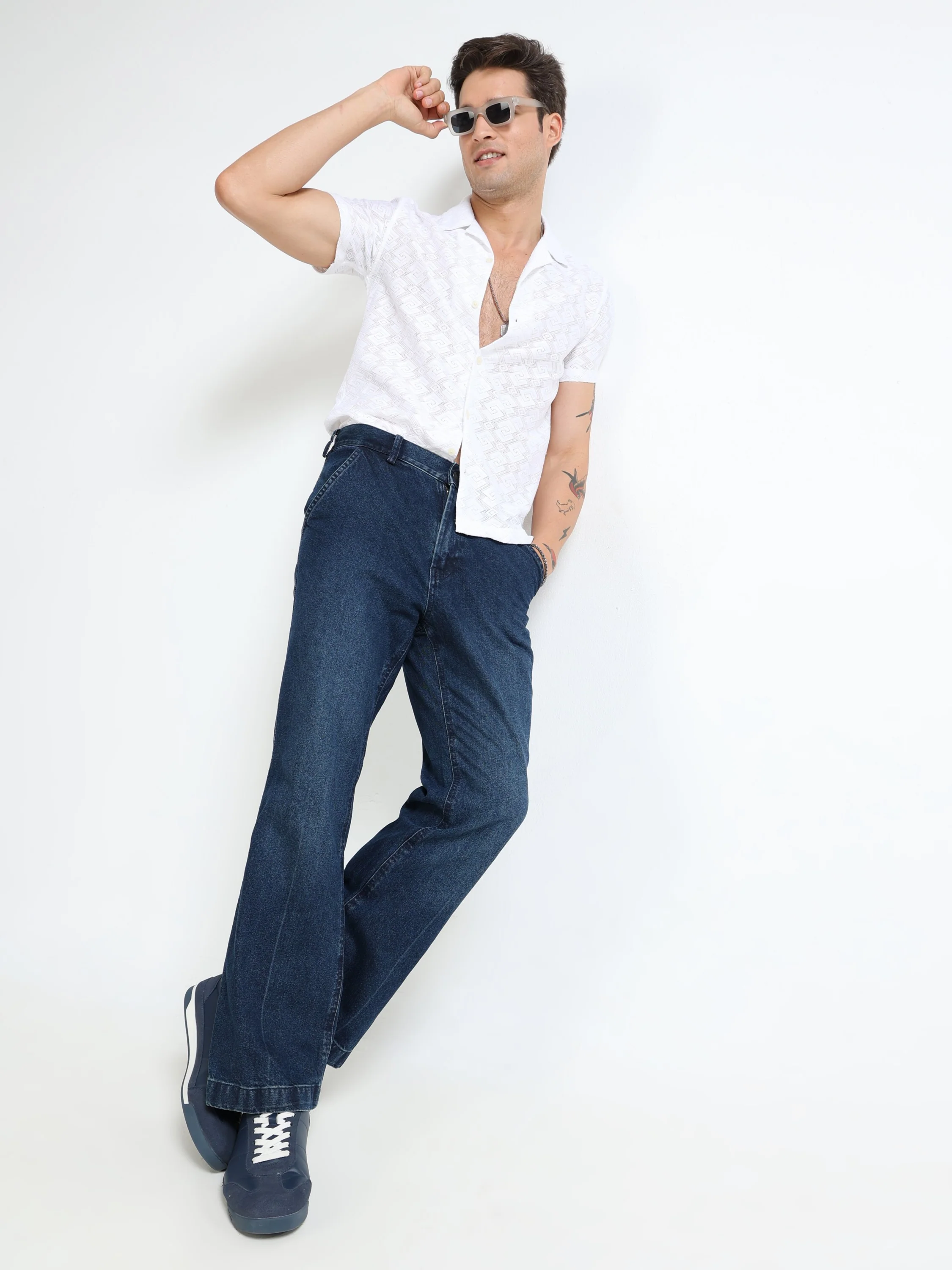 Men Navy Denim Flared Pants - Image 5
