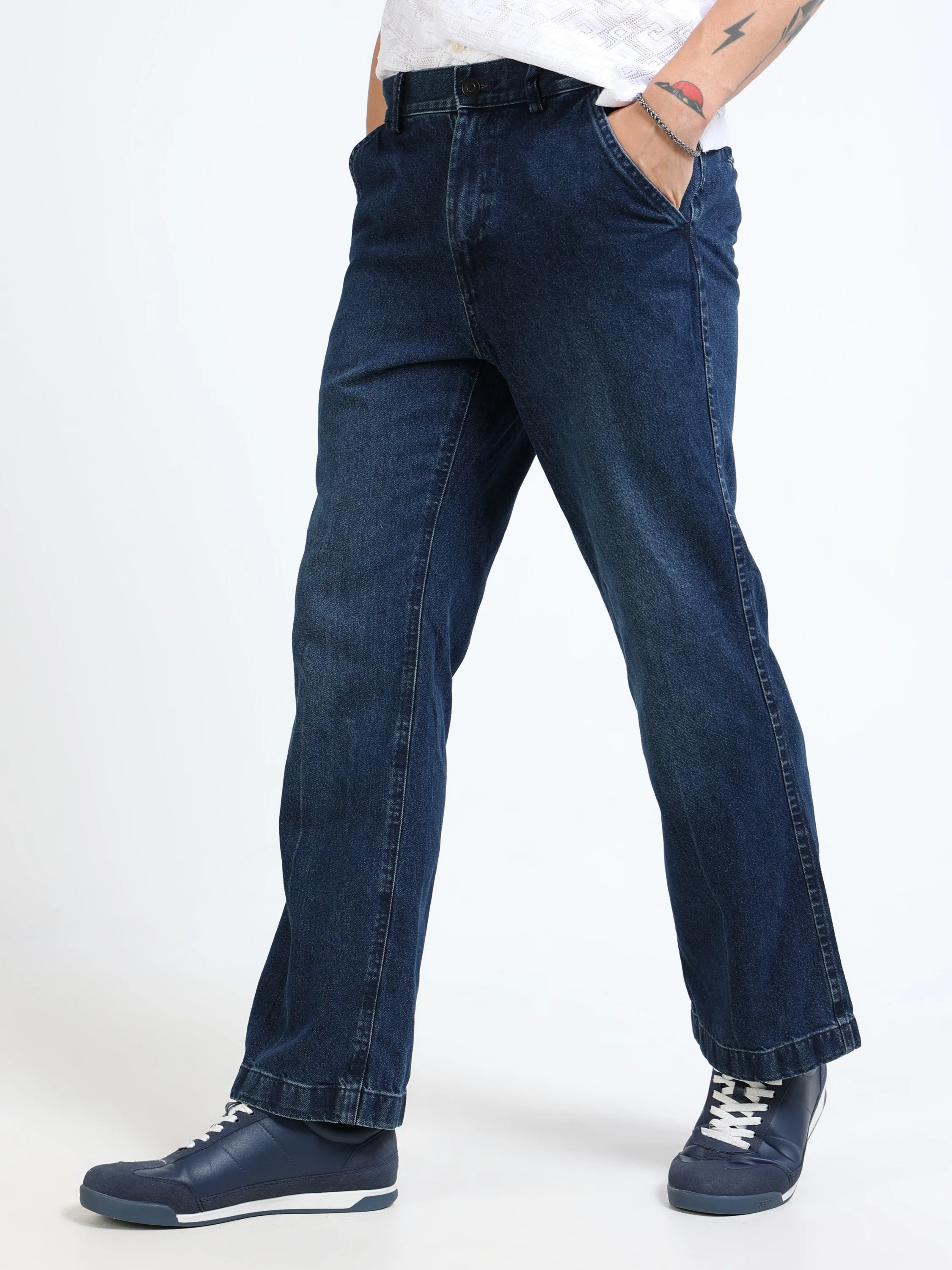 Men Navy Denim Flared Pants - Image 6