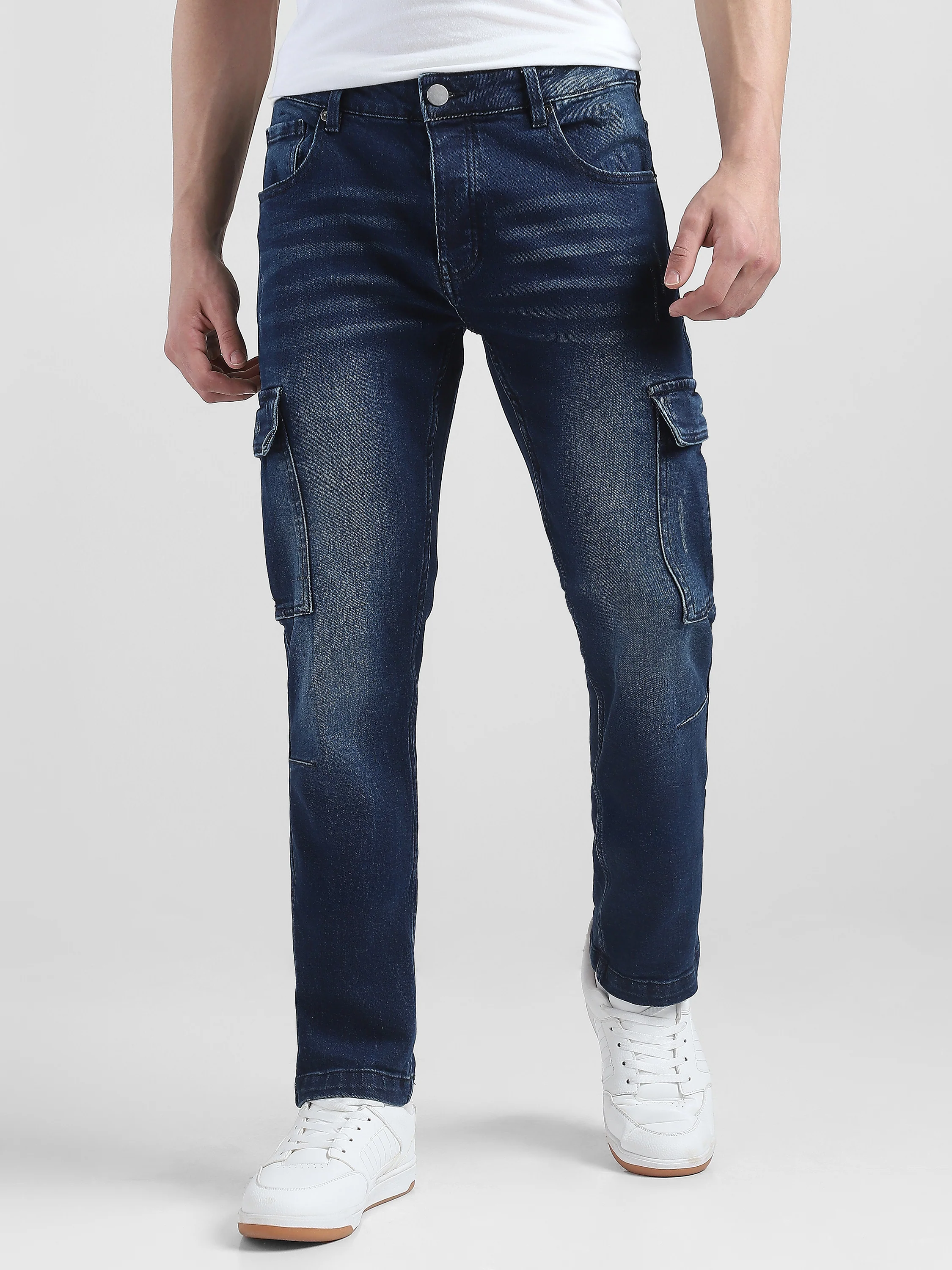 Men Navy Denim Mid Rise Cargo Pants - Image 2
