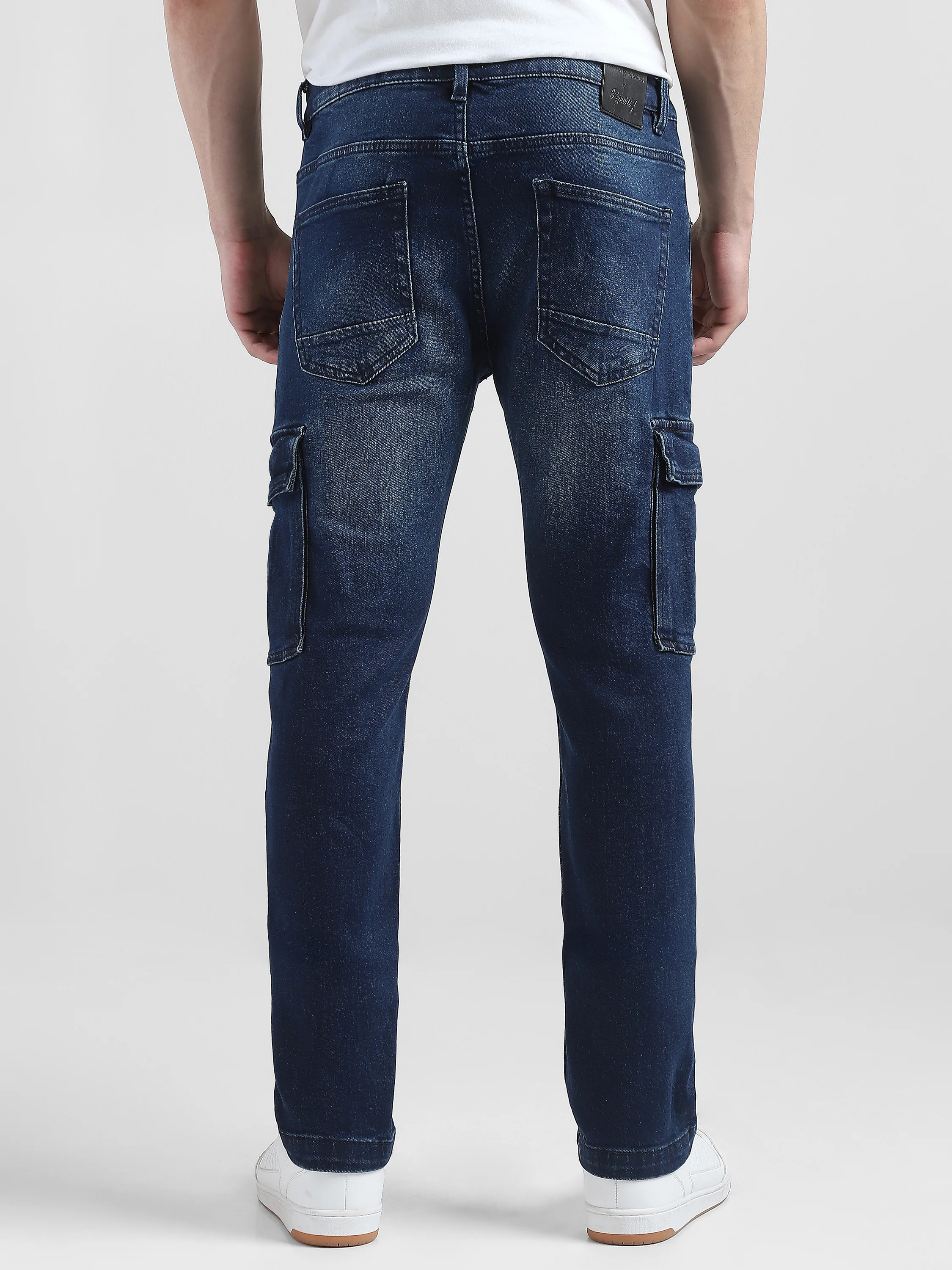 Men Navy Denim Mid Rise Cargo Pants - Image 4
