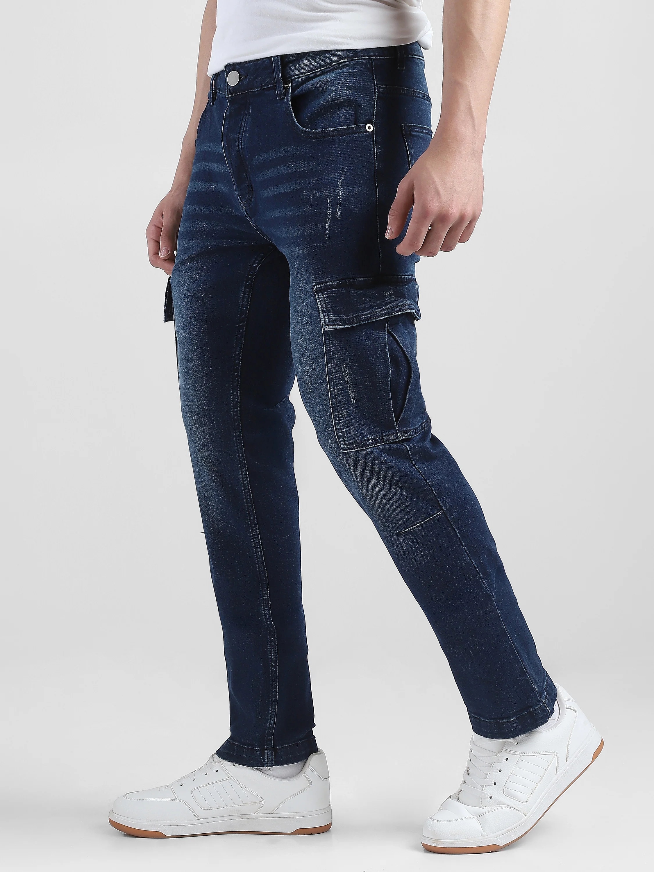Men Navy Denim Mid Rise Cargo Pants - Image 5