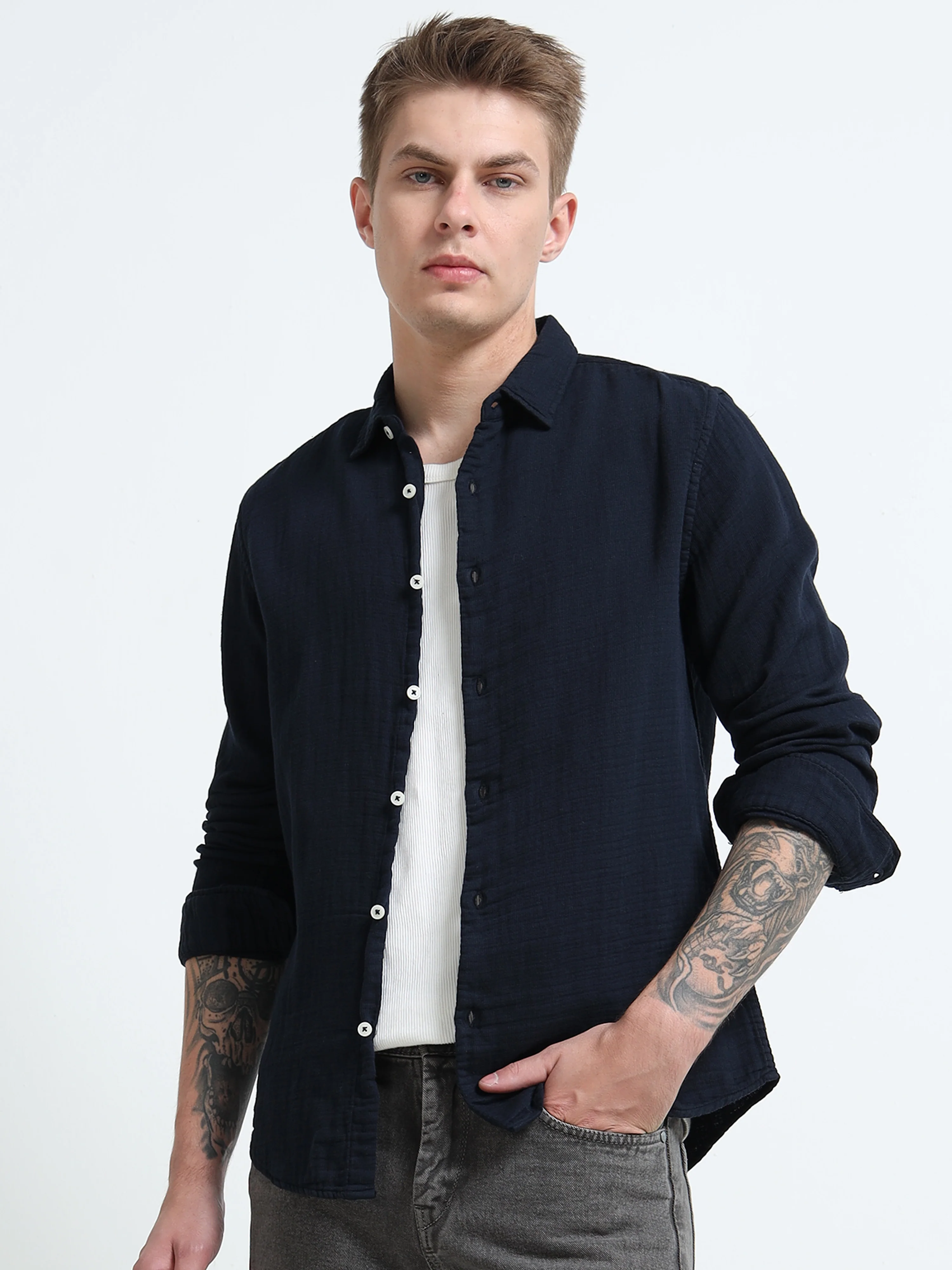 Men Navy Double Cloth Shirt - Image 2