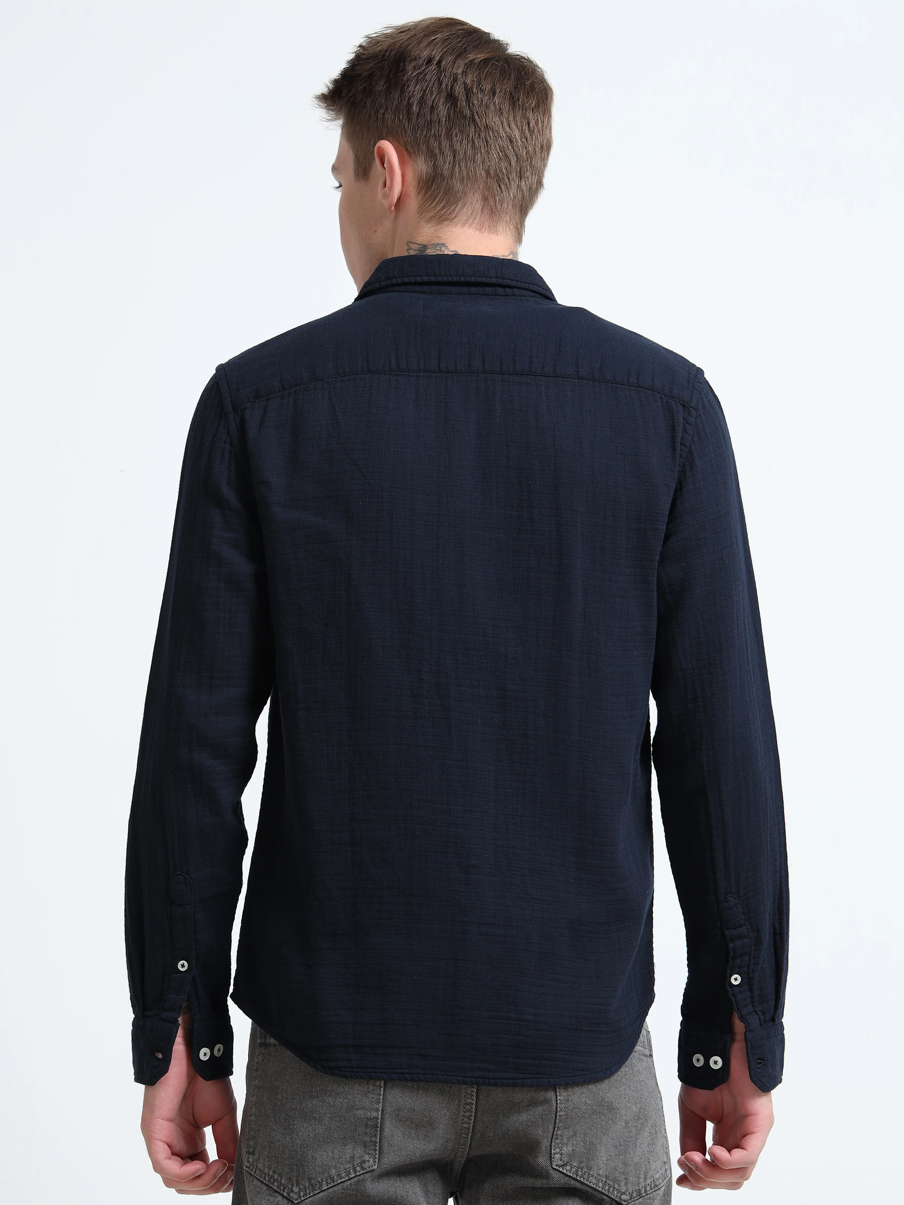 Men Navy Double Cloth Shirt - Image 4