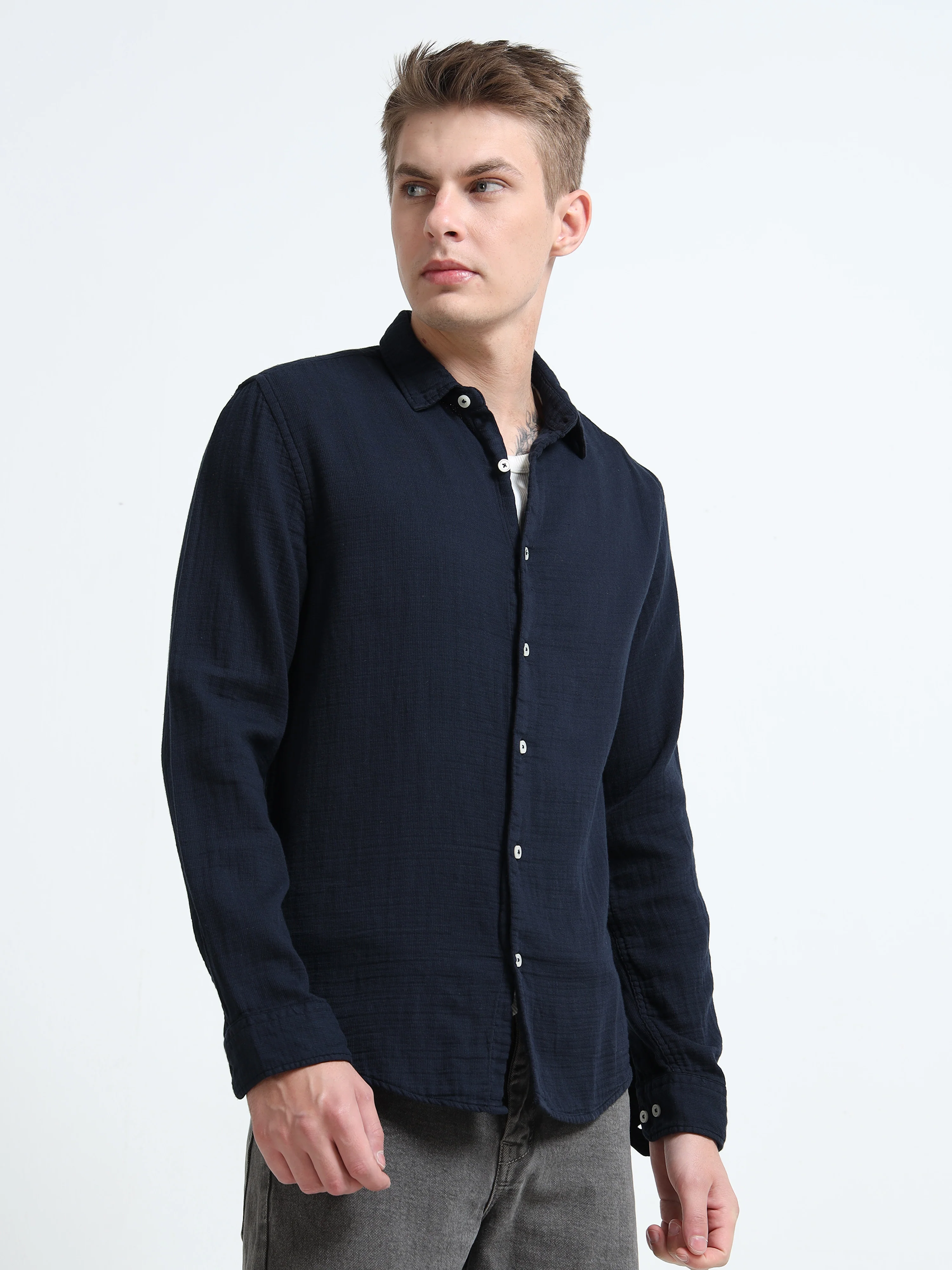 Men Navy Double Cloth Shirt - Image 5
