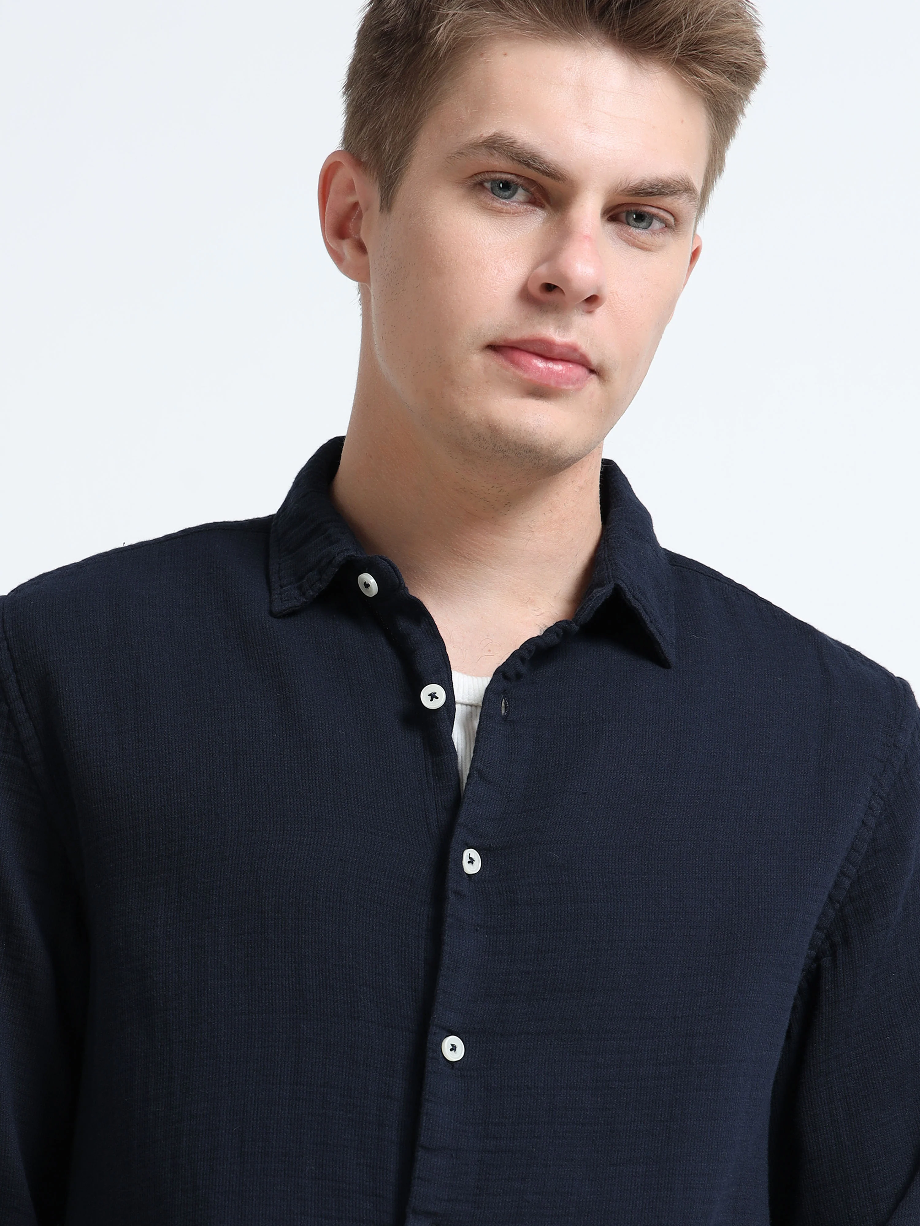 Men Navy Double Cloth Shirt - Image 6