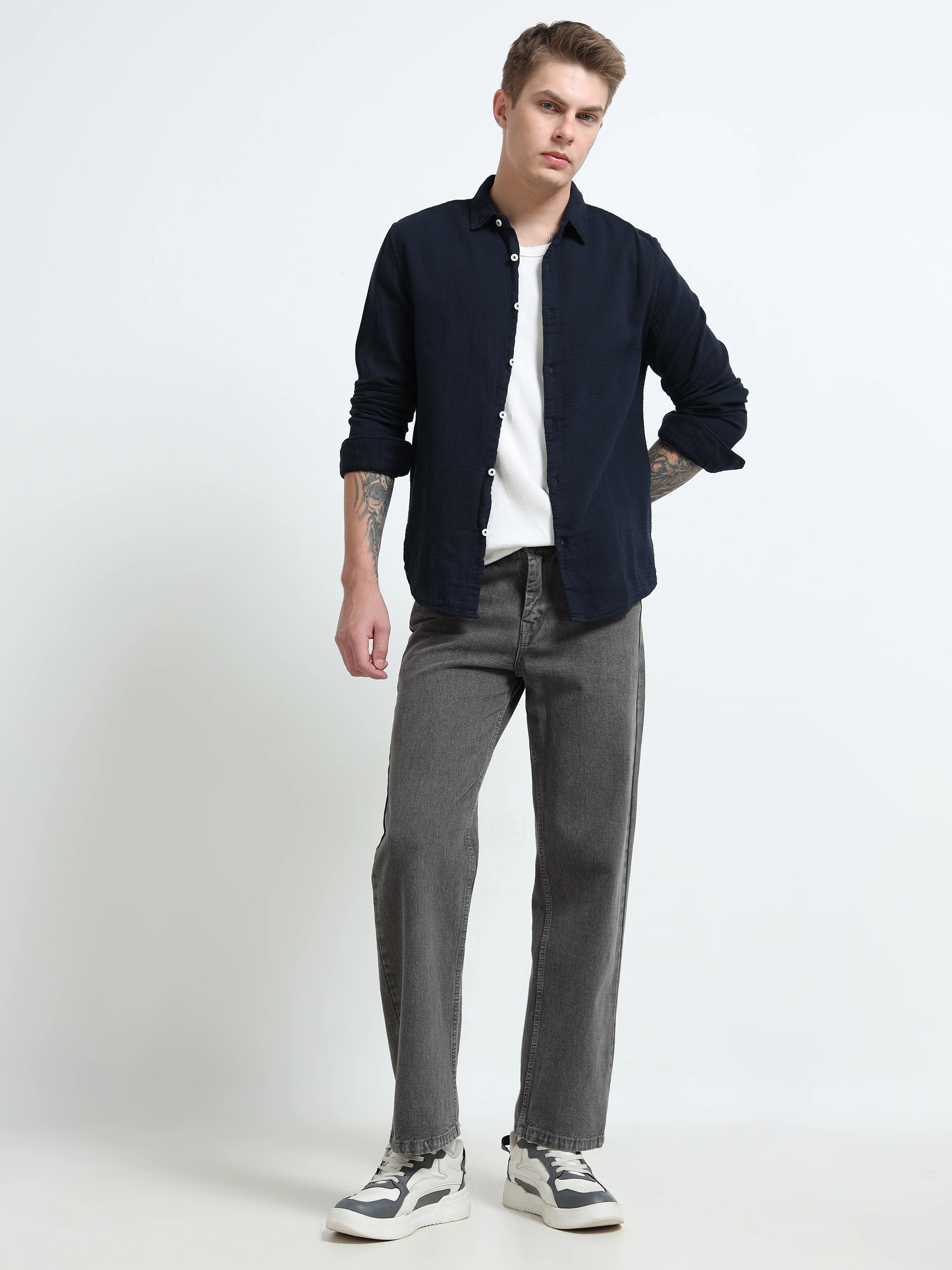 Men Navy Double Cloth Shirt - Image 7