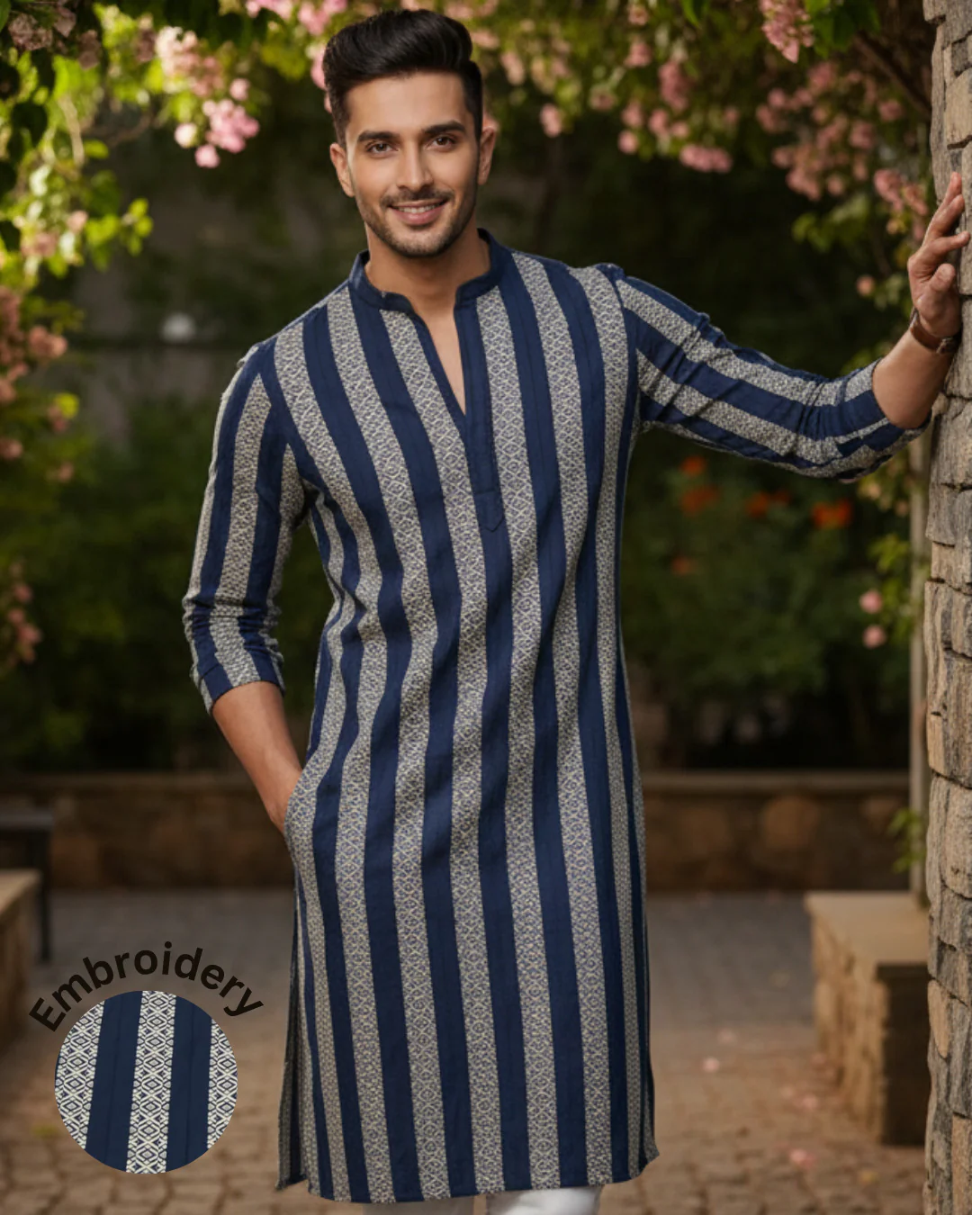 Men Navy Embroidered Kurta