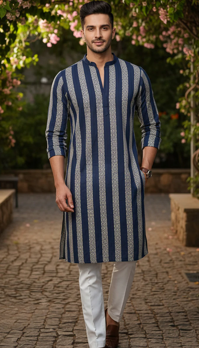 Men Navy Embroidered Kurta - Image 2