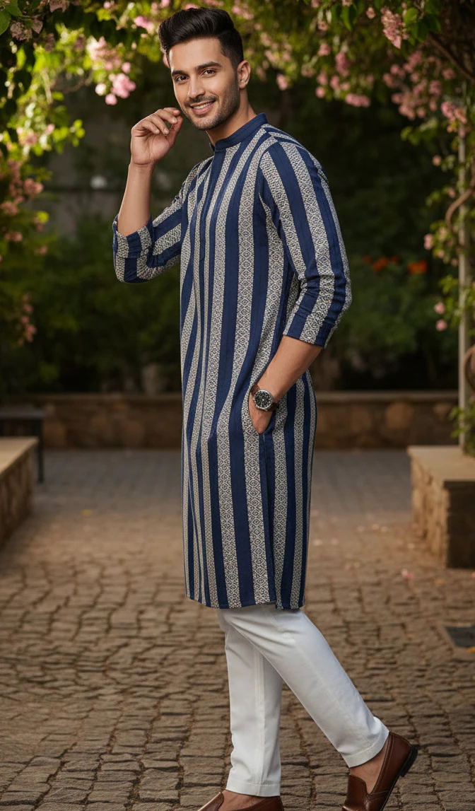 Men Navy Embroidered Kurta - Image 3