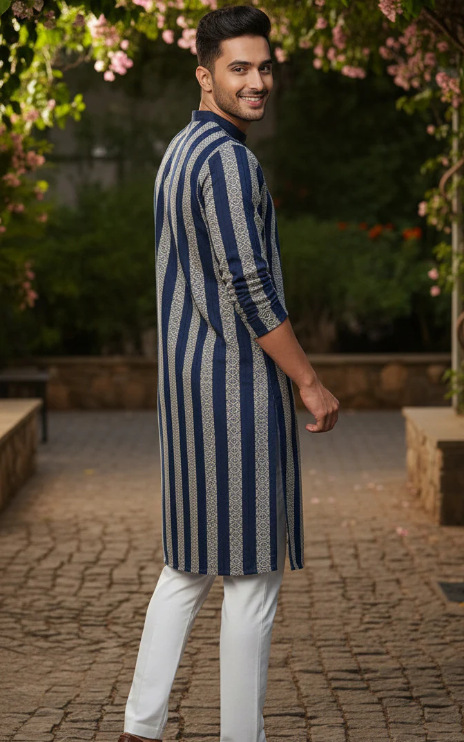 Men Navy Embroidered Kurta - Image 4