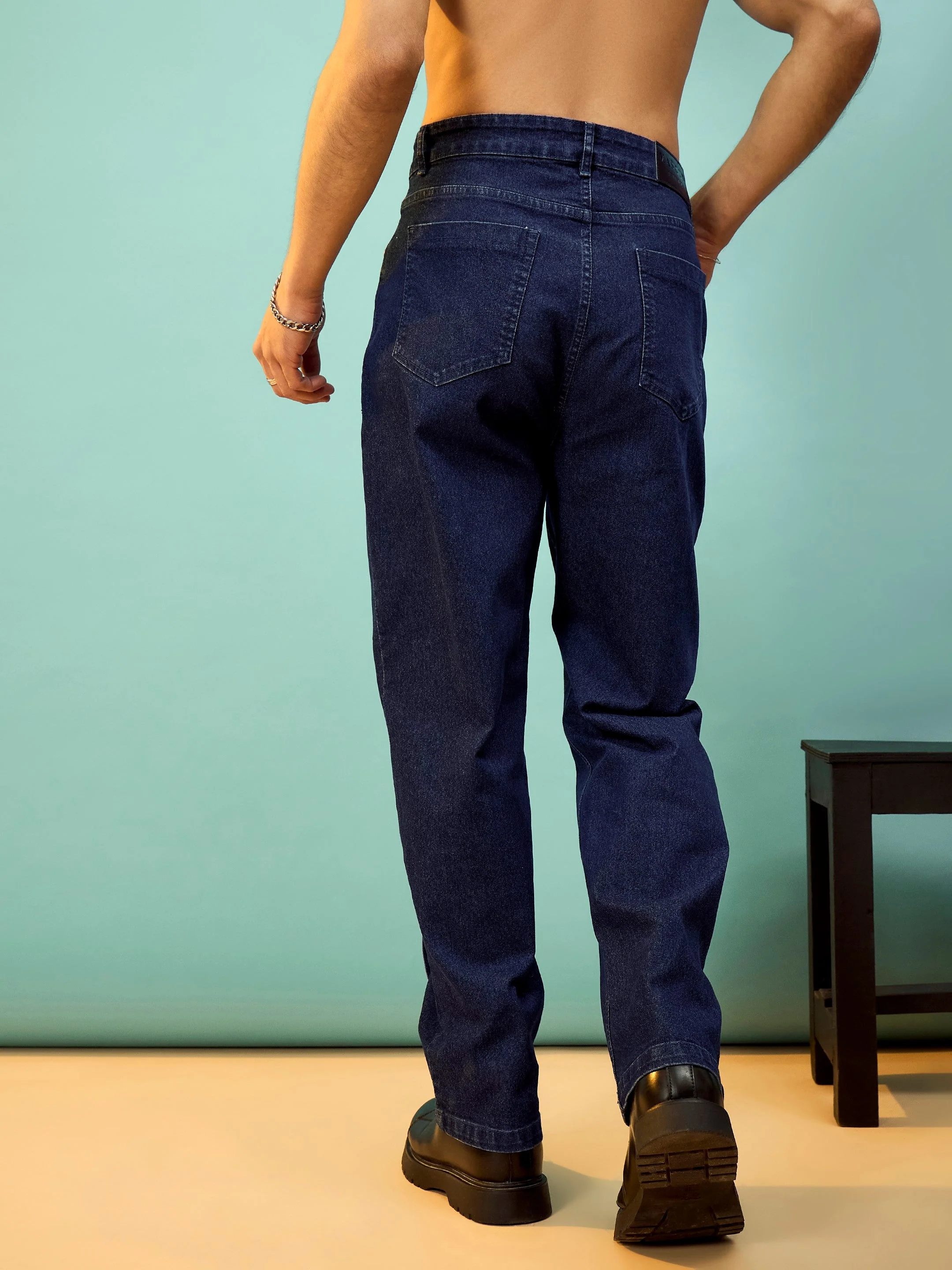 Men Navy Front Detail Oversized Jeans - Image 2