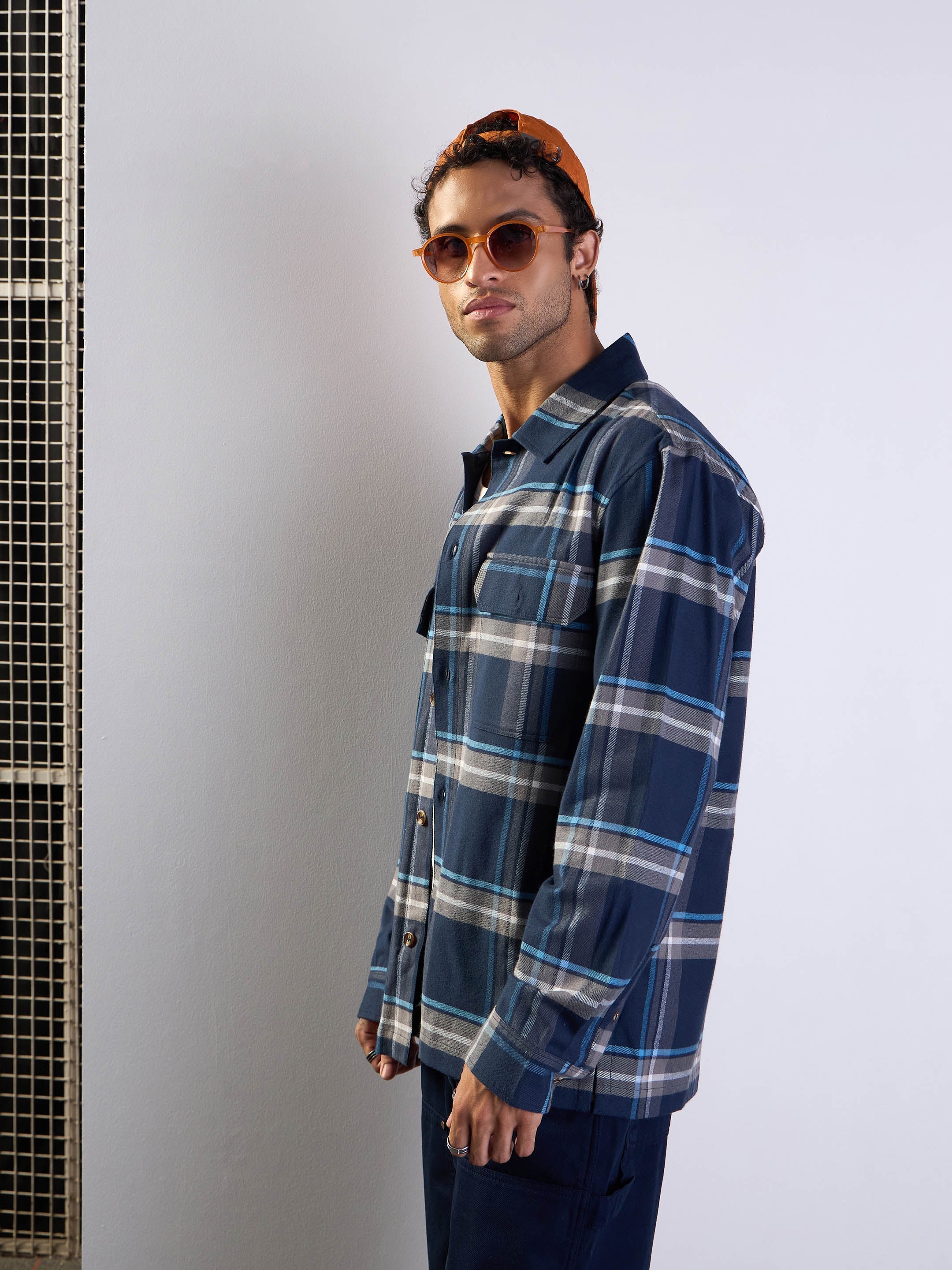 Men Navy & Grey Check Side Pocket Shacket - Image 3