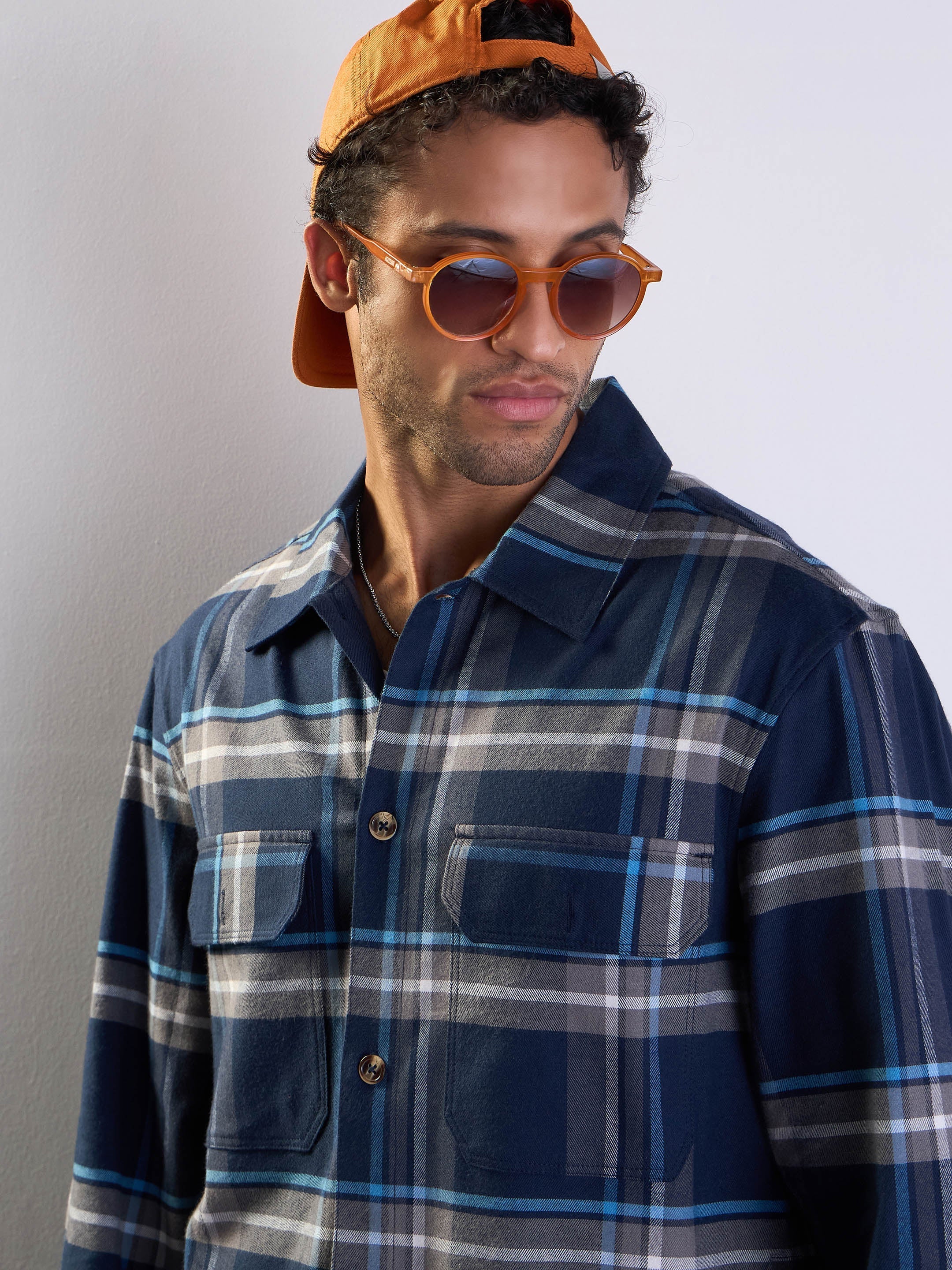 Men Navy & Grey Check Side Pocket Shacket - Image 4