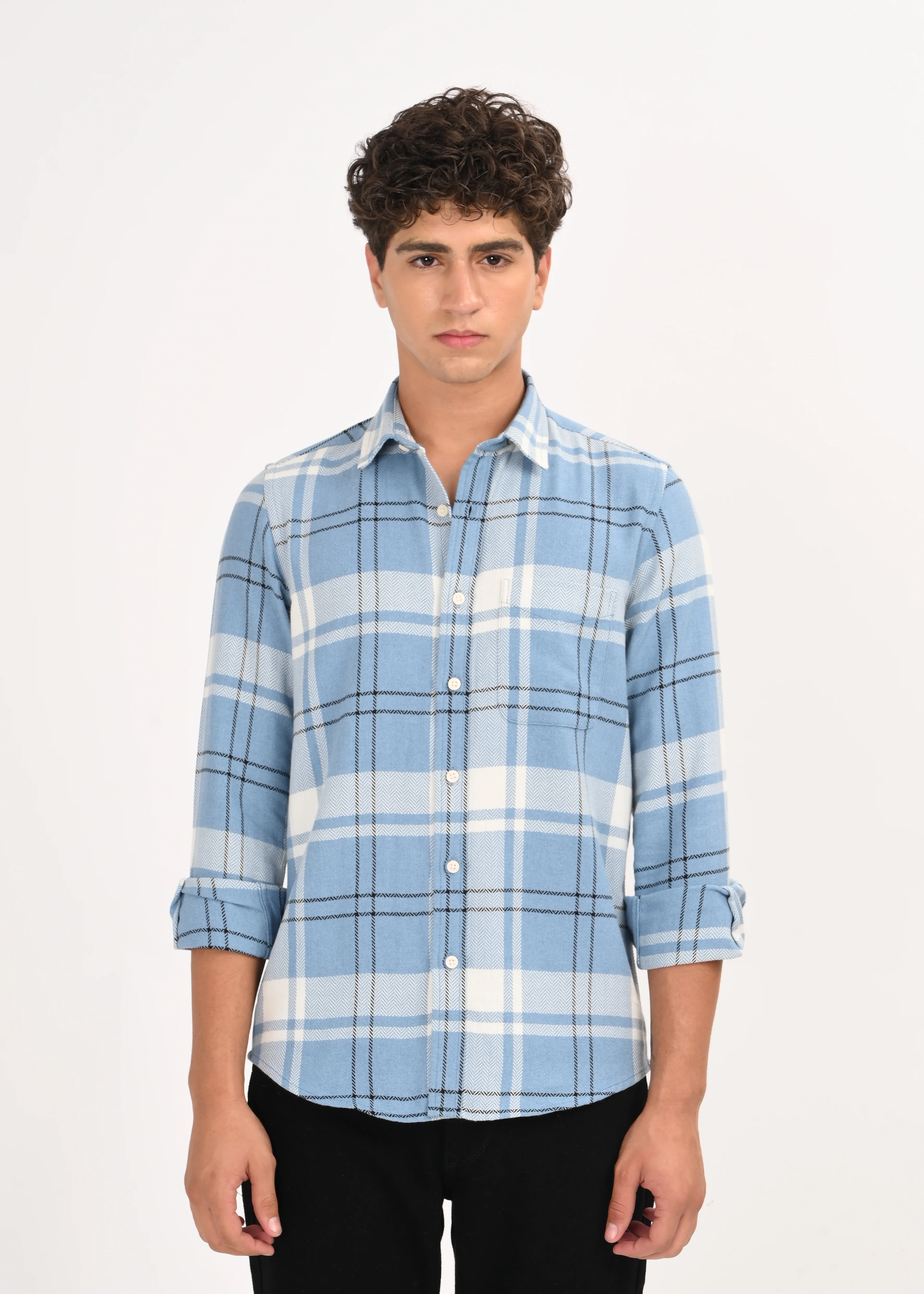 Men Navy Herringbone Checked Shirt