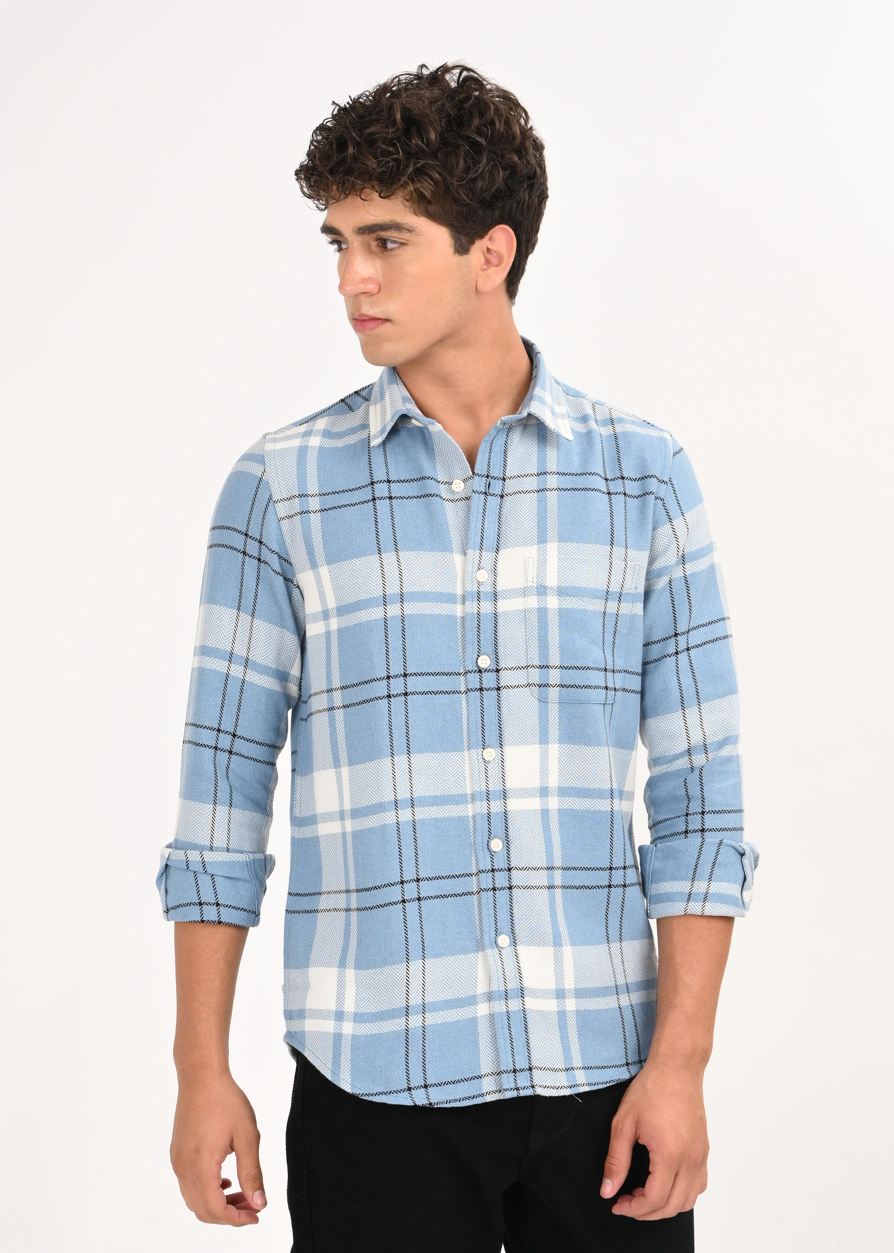Men Navy Herringbone Checked Shirt - Image 5