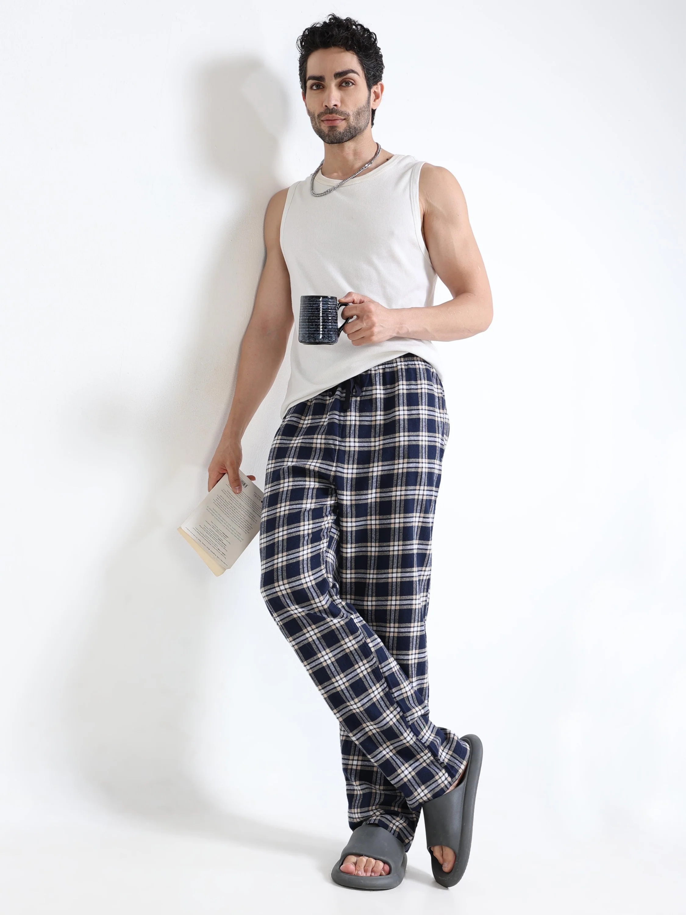 Men Navy Madras Check Lounge Pants - Image 2