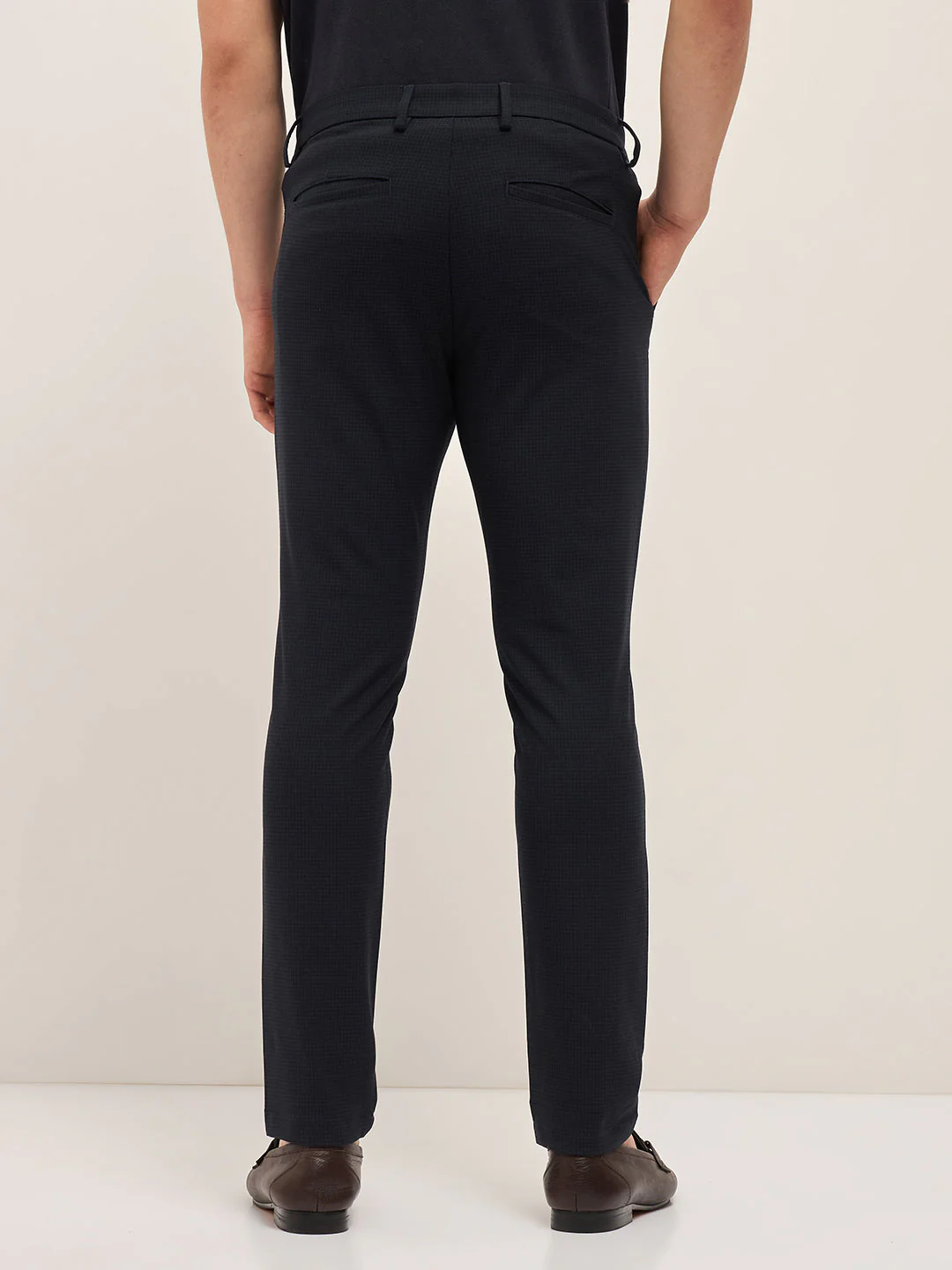 Men Navy Micro-Check 4 Way Stretch Formal Trouser - Image 2