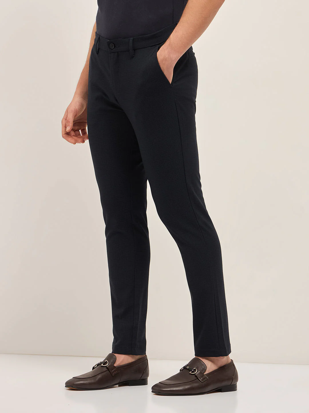 Men Navy Micro-Check 4 Way Stretch Formal Trouser - Image 3